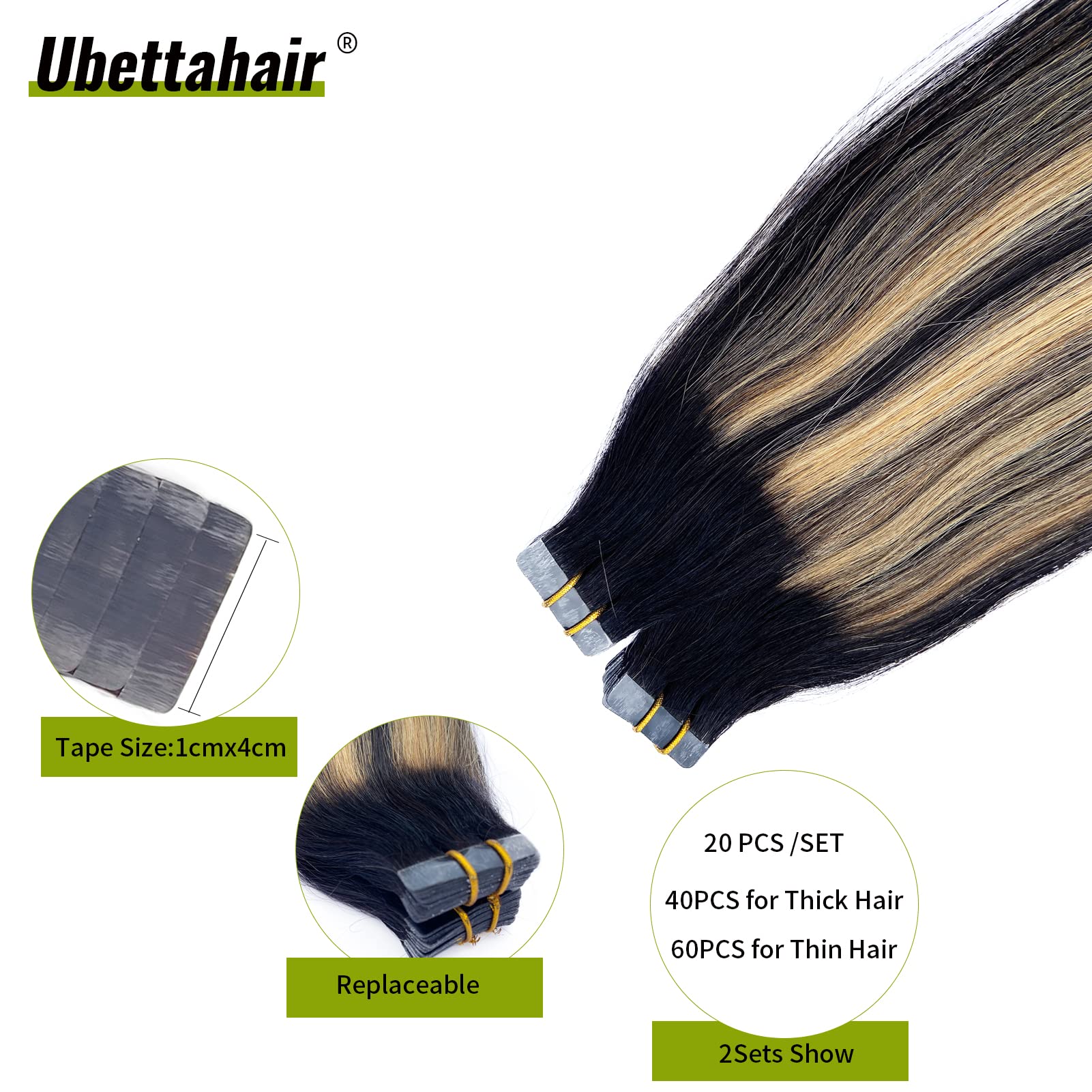 20pcs Tape in Hair Extensions Human Hair - Double Sided Invisible Real Hair Extensions, Ombre Black to Caramel Blonde Highlights, Remy Hair 20 Inch 50G Skin Weft - Perfect for Parties, Weddings & Daily Styling