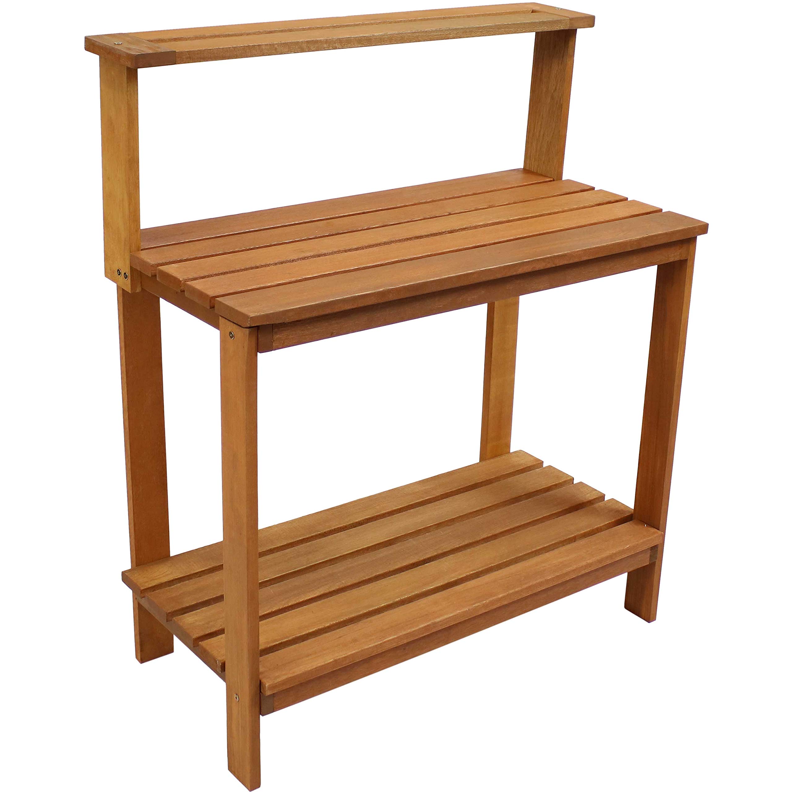 Sunnydaze 42-Inch Meranti Wood Outdoor Potting Bench with Storage Shelf - Durable Teak Oil Finish for Gardening & Plant Care - Perfect for Patio, Greenhouse & Backyard Use