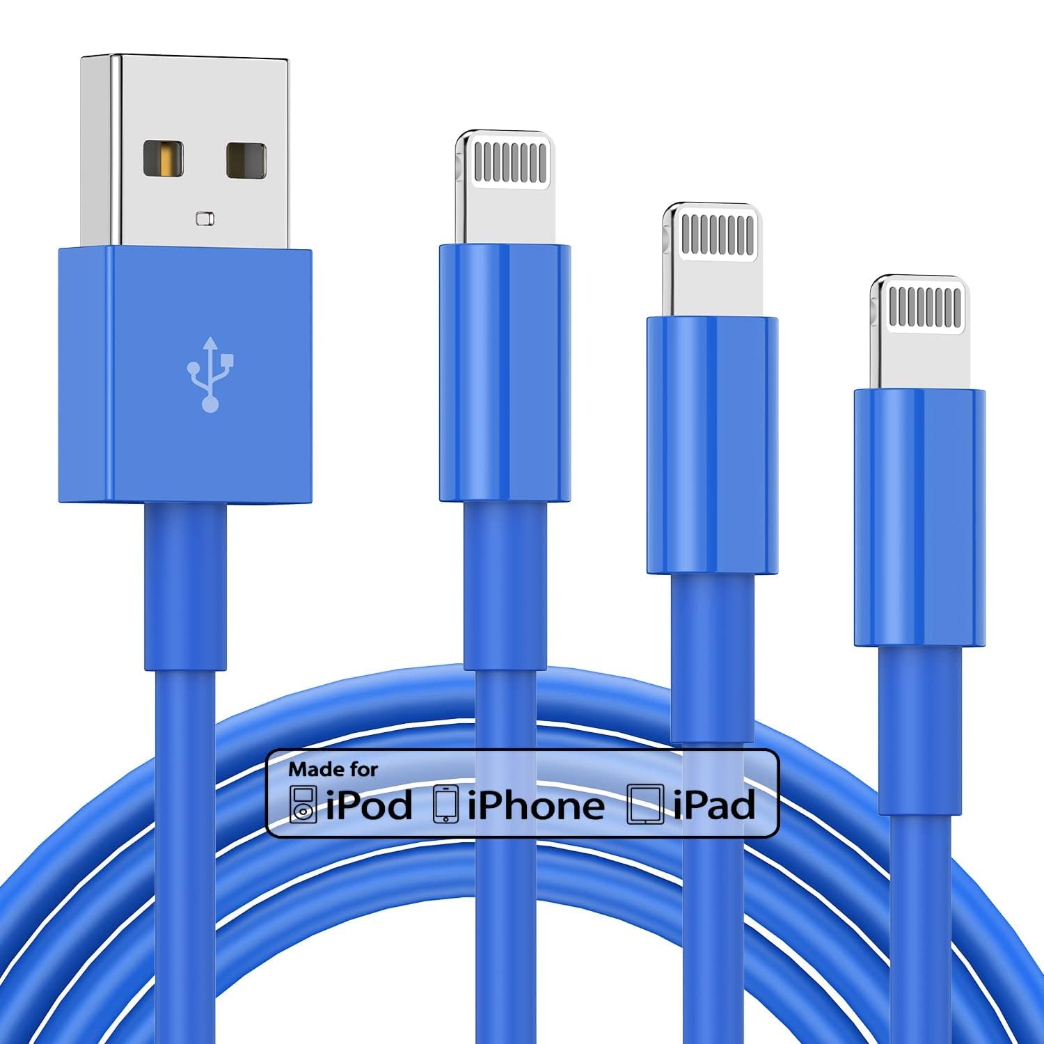 3 Pack MFi Certified Lightning to USB Cable 6Ft - Fast Charging 2.4A, Durable 6 Foot Charger Cord for iPhone 14/13/12/11/X/XS/XR/SE/8/7/6/5/Plus/Pro/Max/Mini - Perfect for Home, Office & Travel (Blue)