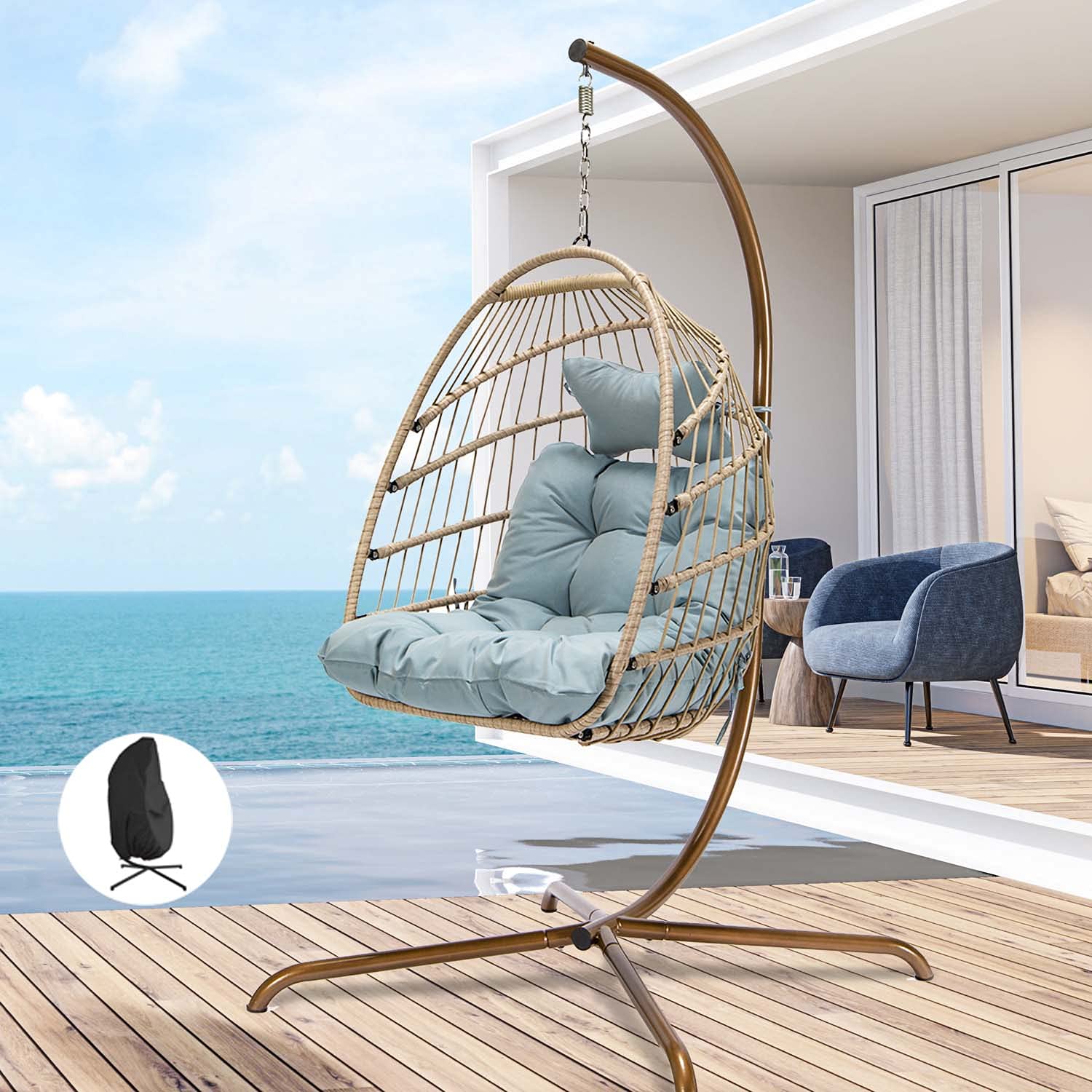 Swing Egg Chair with Stand - Indoor/Outdoor Wicker Rattan Hanging Chair with UV-Resistant Cushions, 350lbs Capacity - Perfect for Bedroom, Balcony, Patio & Garden Relaxation (Blue with Protective Cover)