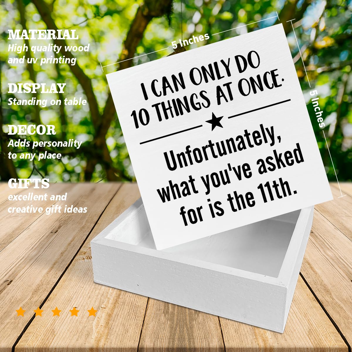 Funny Wooden Office Desk Sign - 'I Can Only Do 10 Things at Once' - 5x5 Inch Square Wood Block Box Sign for Home Office, Shelf & Workspace Decor - Perfect Stress Relief Gift for Coworkers & Desk Organization