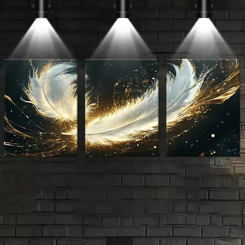3-Piece Abstract Golden Feathers Wall Art Set - Framed Canvas Prints 50x70cm (20x28in) - High Quality Australian Made Home Decor - Perfect for Living Room, Bedroom & Office Decoration