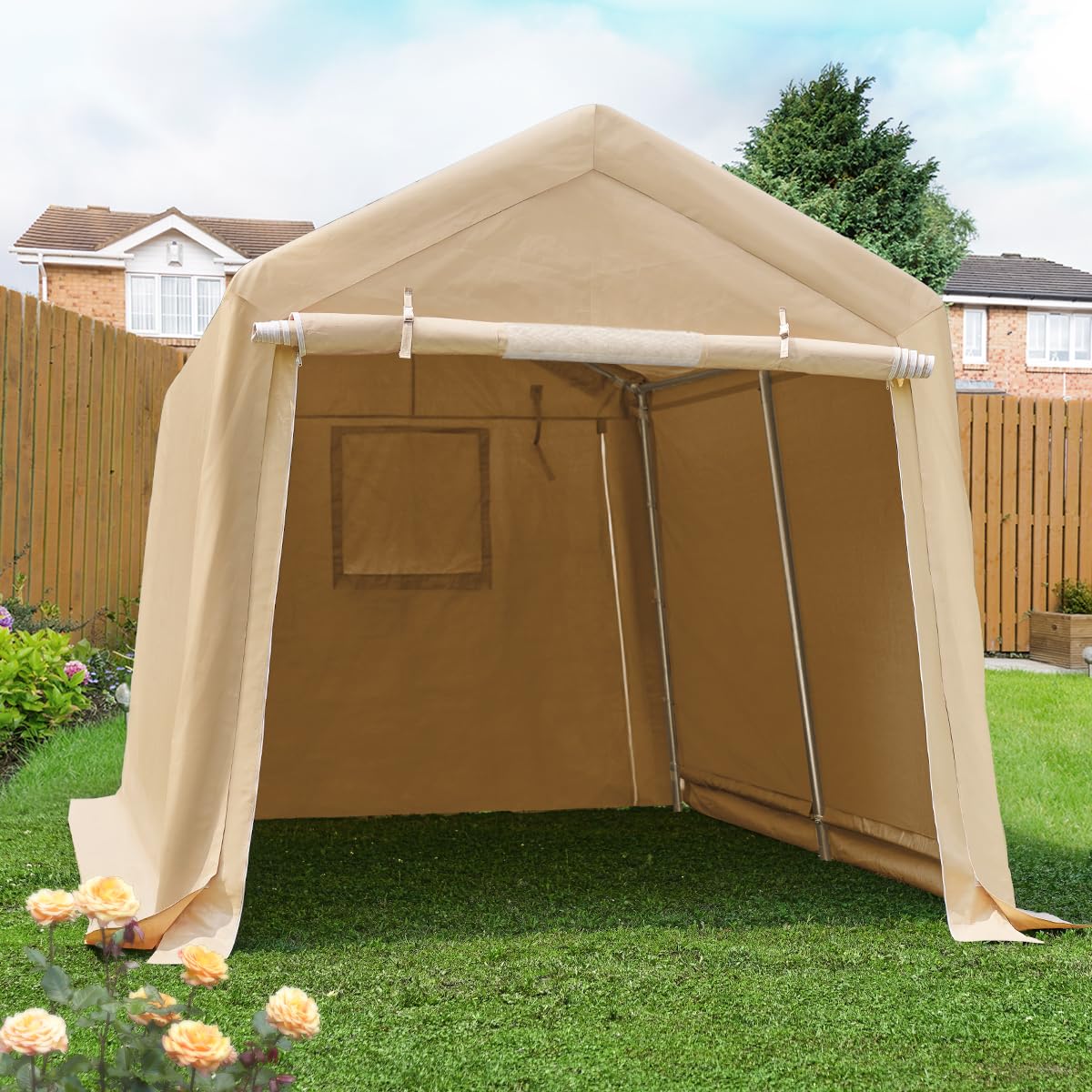 ADVANCE OUTDOOR 8x14 ft Steel Metal Peak Roof Portable Garage Shelter - Heavy Duty Storage Shed & Carport for Motorcycle, Bike, Garden Tools - Includes 2 Roll-up Doors & Ventilation - Perfect for Backyard, Driveway & RV Parking - Beige
