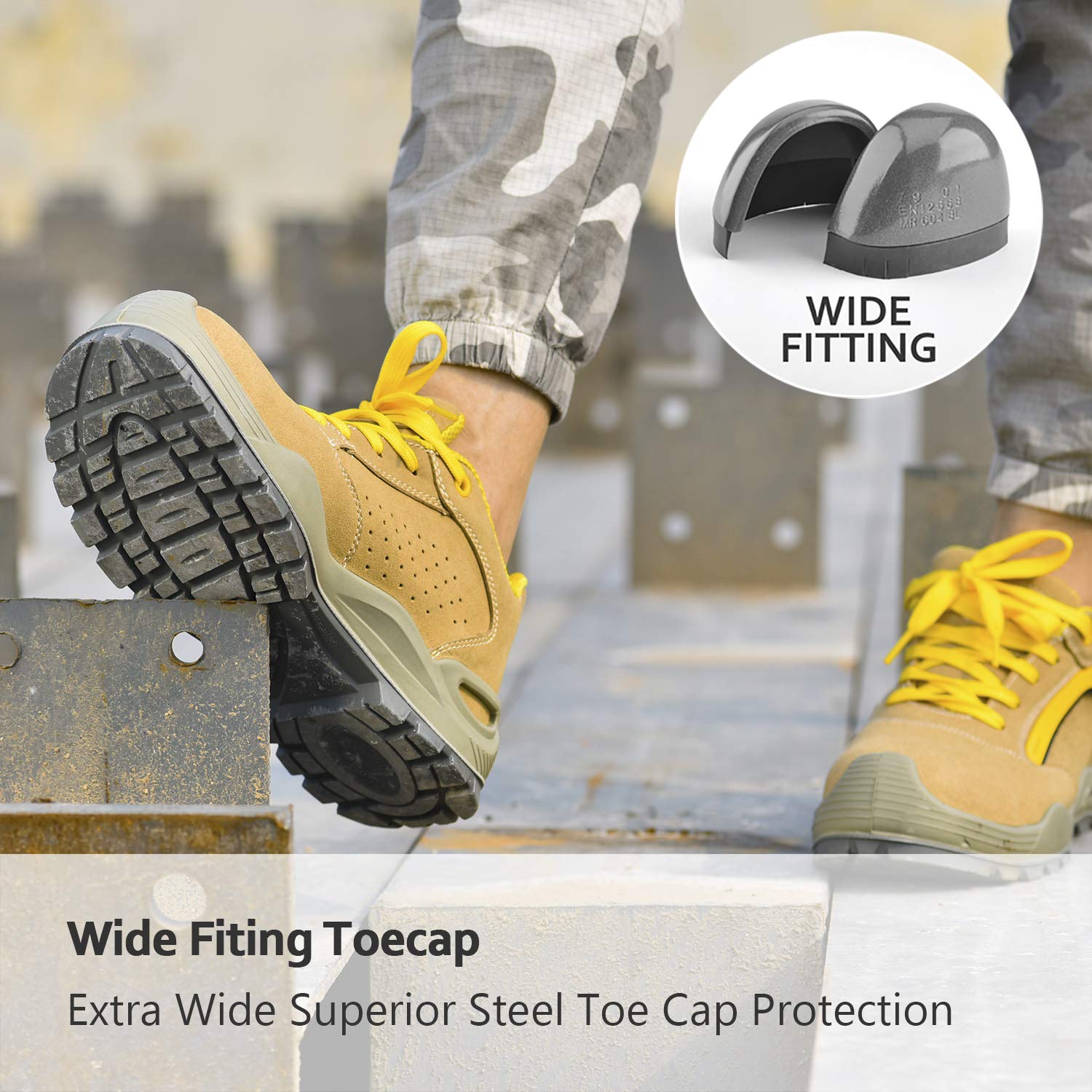 SAFEYEAR Breathable Leather Safety Shoes with Steel Toe & Non-Slip Sole - Lightweight 4E Wide Fit Work Boots for Men & Women (Includes 1 Pair Works Socks) - Ideal for Construction, Warehouse & Industrial Work Safety