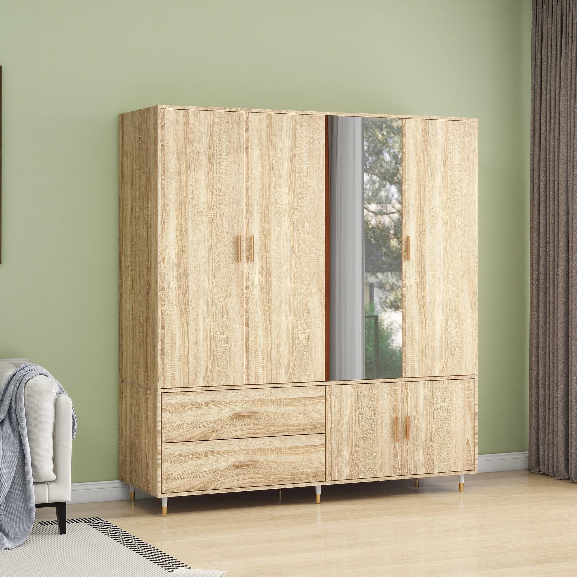 Solid Wood Freestanding Wardrobe Closet with 4 Doors, 2 Drawers & Shelves - Spacious Bedroom Storage Cabinet with 2 Hanging Rods for Clothes Organization | Perfect for Master Bedroom, Guest Room or Dormitory Storage Solution