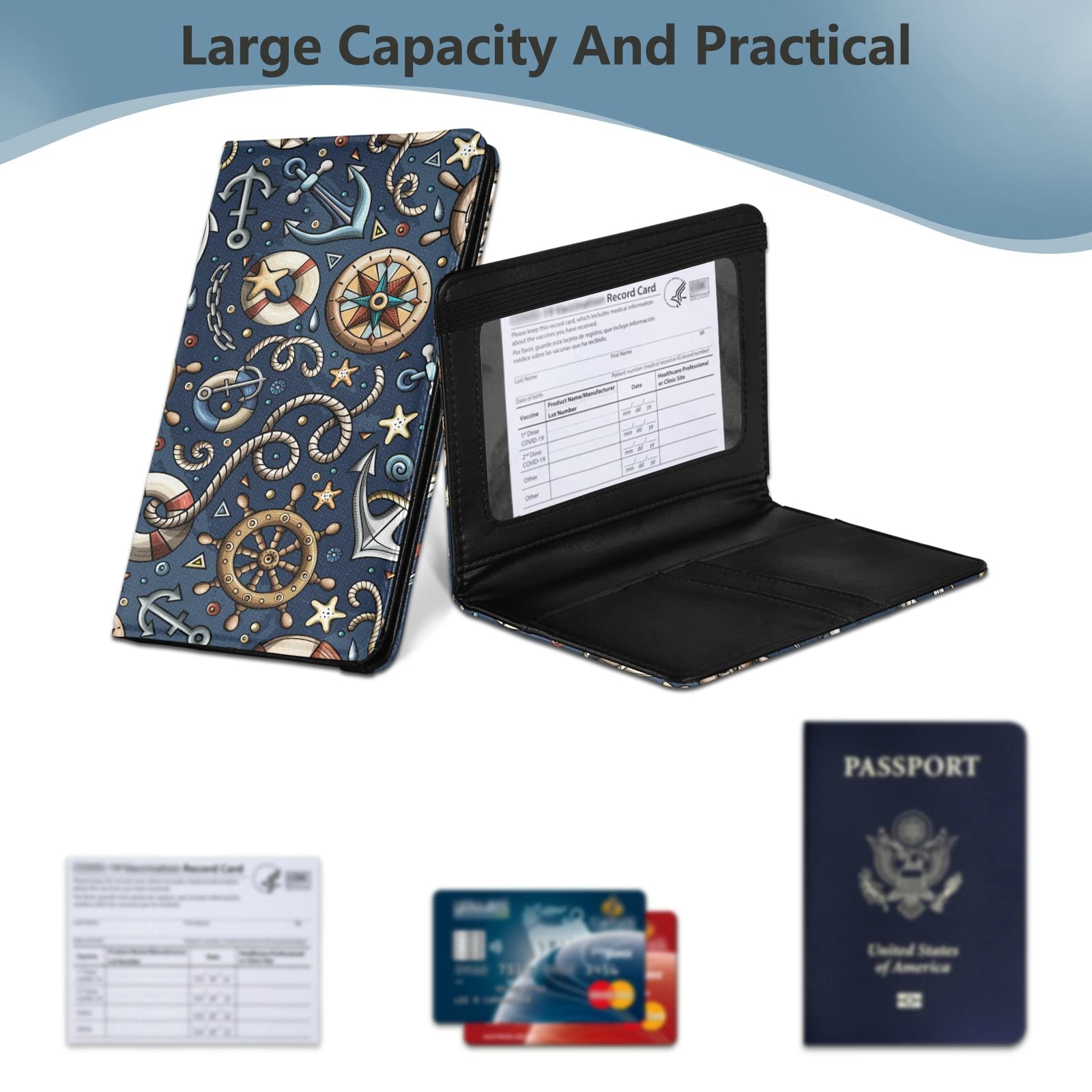 Adorable Cartoon Hand-Drawn Nautical Passport Holder & Vaccine Card Set - Waterproof Travel Wallet for Men & Women - Perfect for Airports, Cruises and International Trips