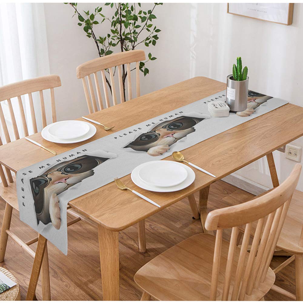 Swono Funny Cat Table Runner - Cotton Linen Kitchen Dining Tablecloth with Sunglasses Cat Design (14x72 Inches) | Non-Slip, Washable for Coffee Table, Tea Party & Dinner Decor