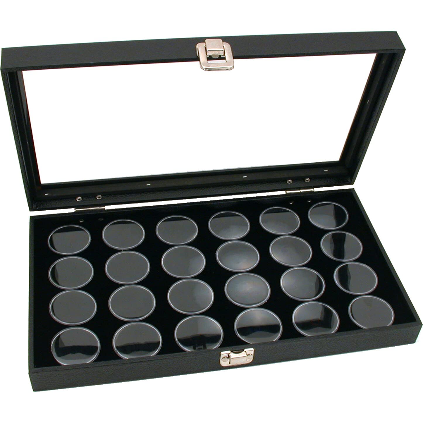 FindingKing Black Glass Top Jewelry Display Case with 24 Gem Jars - Perfect for Jewelry Store, Wedding Ring Showcase & Gift Box Presentation