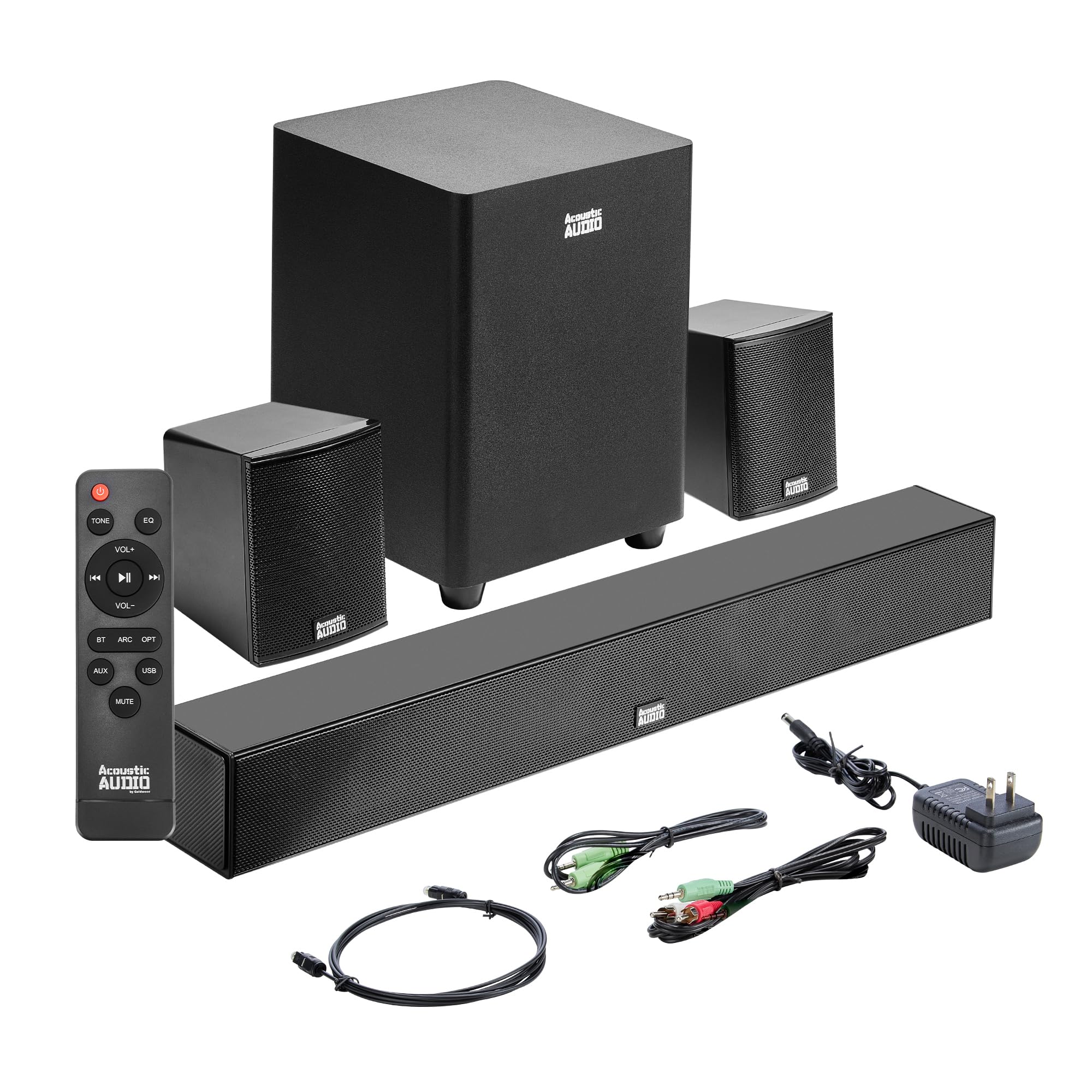 Acoustic Audio AA5190 5.1 Channel Bluetooth Sound Bar System with Wireless Subwoofer - Home Theater Speaker for TV, Movies & Gaming (Black) | RCA, Optical, ARC, AUX Inputs | Remote Control Included