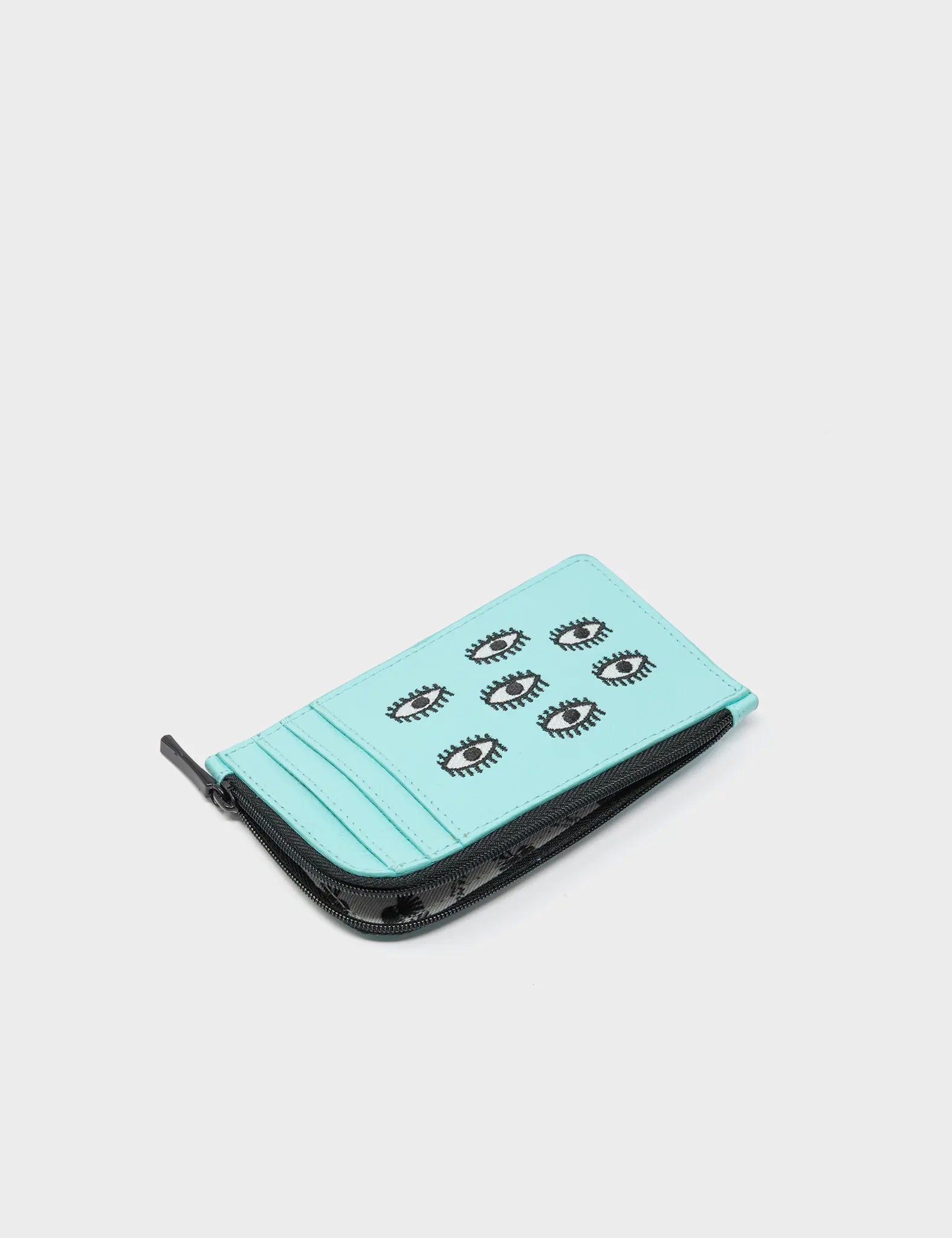 Fausto Acuatic Blue Leather Zip Around Cardholder with All Over Eyes Embroidery - Slim RFID Blocking Wallet for Men & Women - Perfect for Travel, Business & Everyday Use