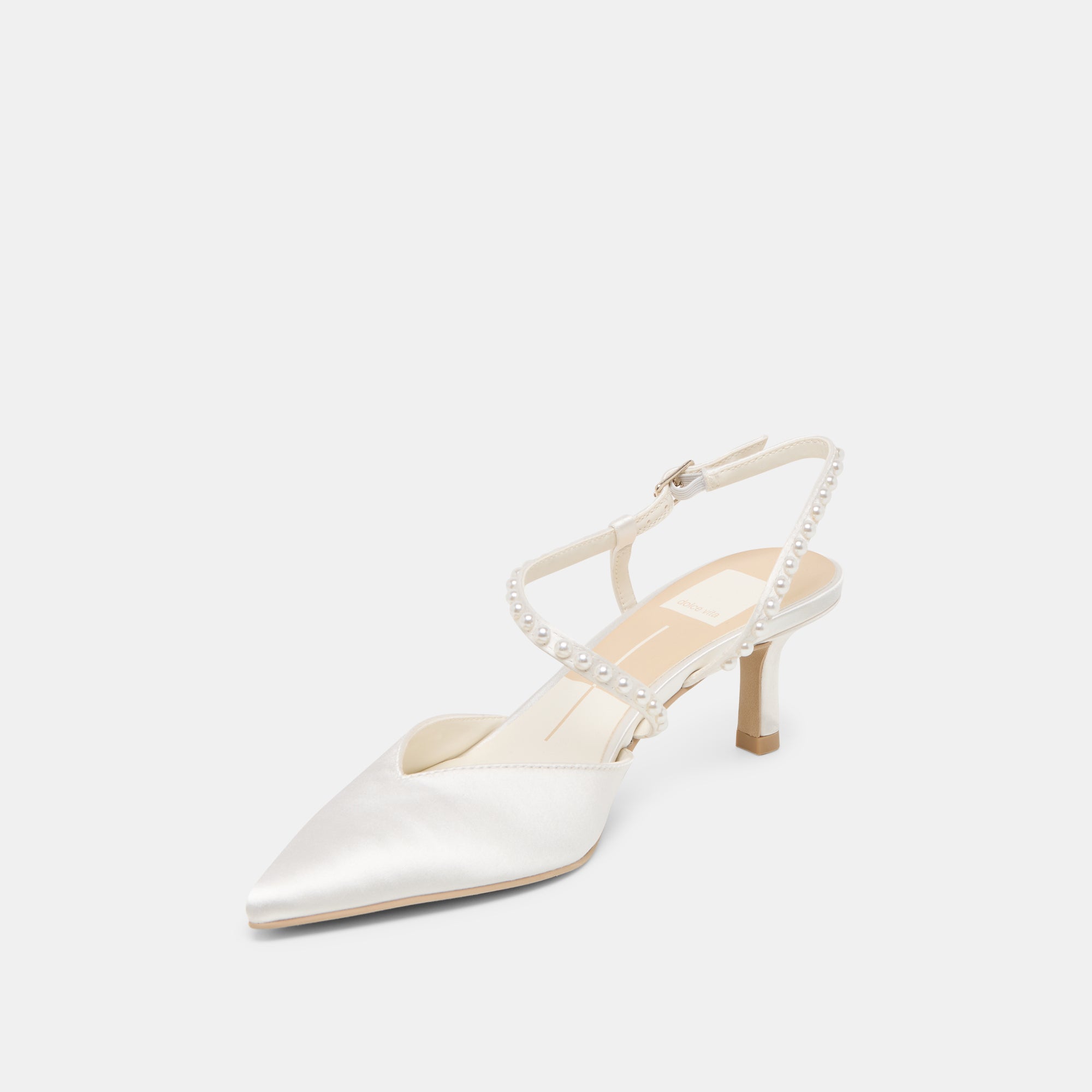 KAMRA Women's Pearl Embellished Mid Heel Pumps - True White Satin Shoes for Weddings, Parties & Special Occasions