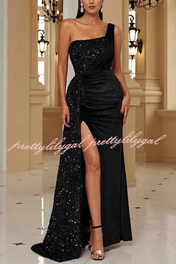 Taylor Sequin Velvet Patchwork One Shoulder Ruched Slit Prom Maxi Dress for Women - Elegant Evening Gown for Homecoming, Party, Wedding & Special Occasions