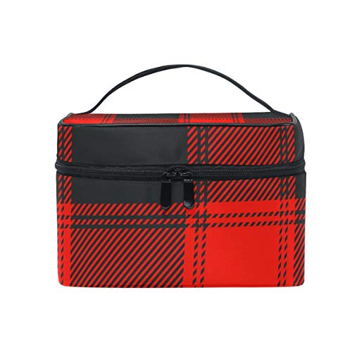 Red Black Buffalo Plaid Makeup Bag - Scottish Pattern Portable Travel Train Case & Toiletry Organizer for Women | Perfect for Travel, Gym, and Daily Storage