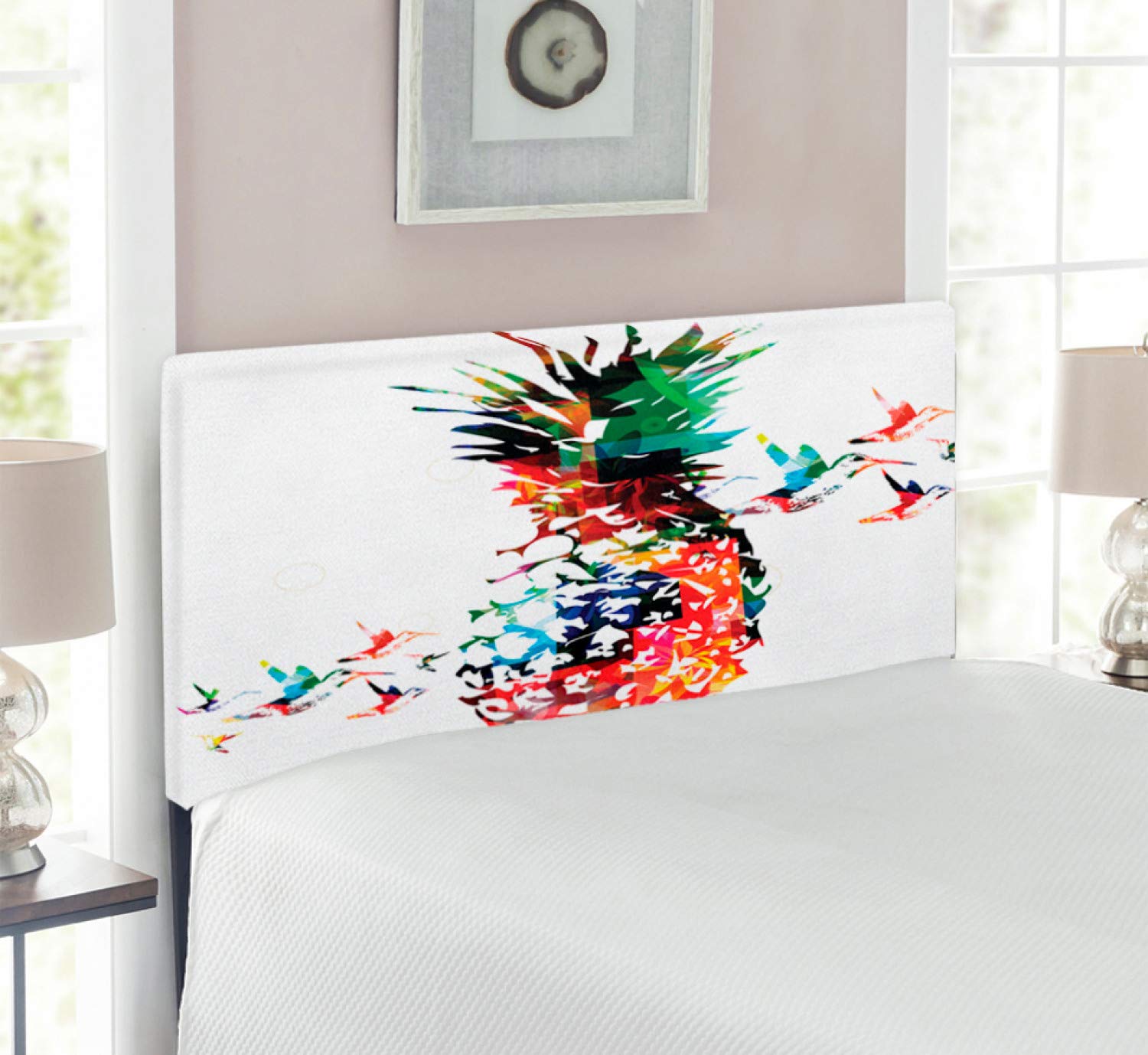 Ambesonne Pineapple Headboard - Modern Geometric Pineapple & Birds Abstract Print, Upholstered Decorative Metal Bed Frame with Memory Foam, Twin Size, Multicolor | Perfect for Kids Room, Guest Bedroom & Tropical Themed Decor