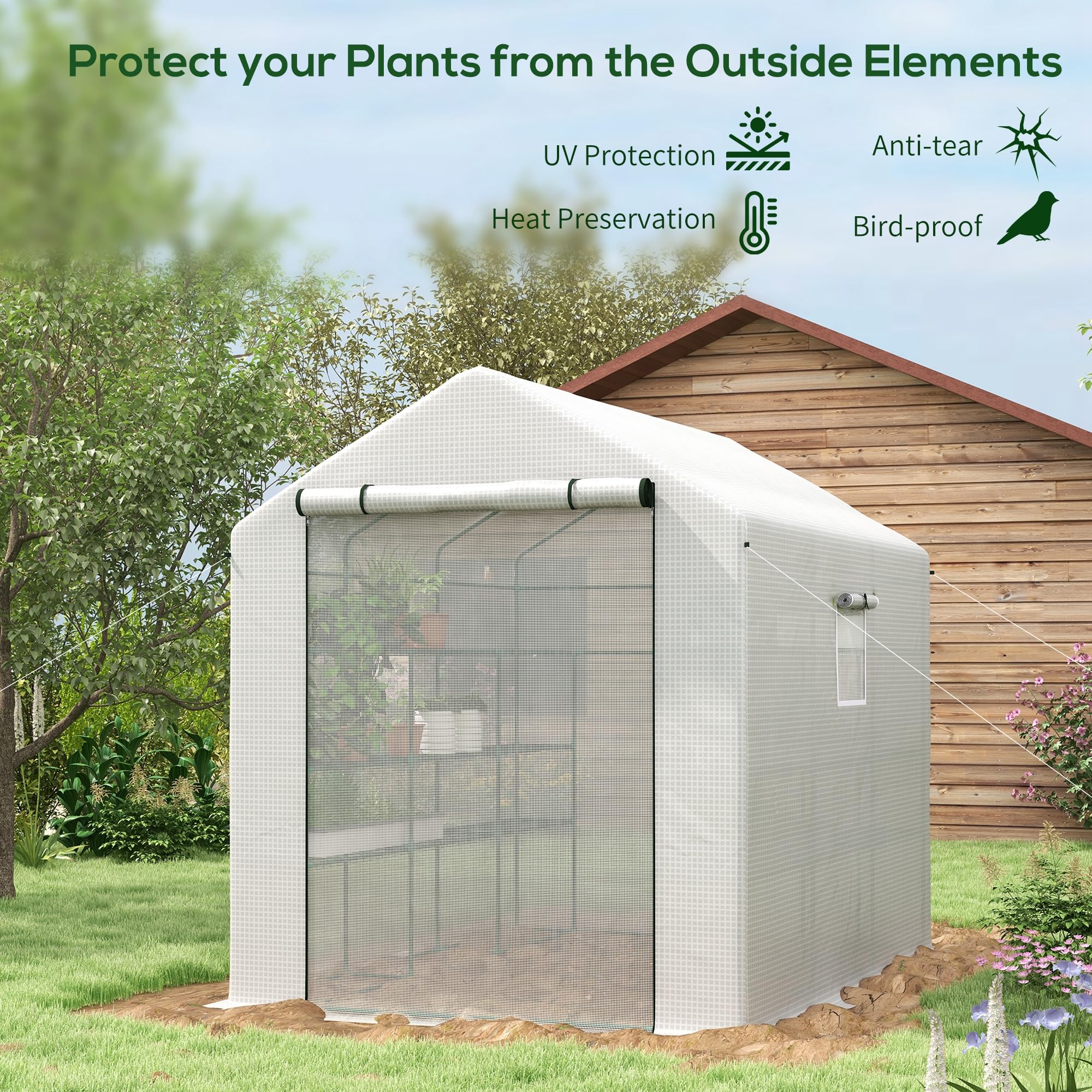 Outsunny 8' x 6' x 7' Walk-in Greenhouse with Mesh Door & Windows - 18 Shelf Plant House with Trellis & Plant Labels - UV Protected for Growing Flowers, Herbs, Vegetables & Saplings - Perfect for Backyard Gardening, Urban Farming & Year-Round Plant Protection (White)
