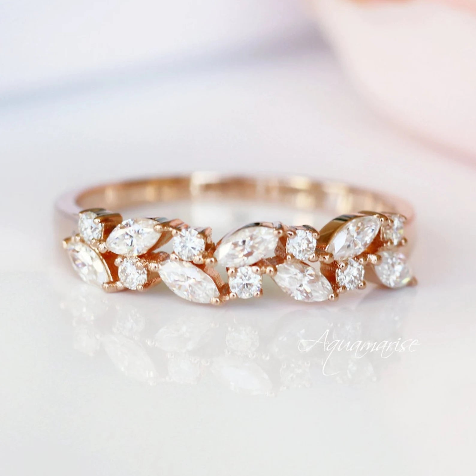 14K Solid Rose Gold Marquise Cut Natural Diamond or Moissanite Wedding Band - Elegant Bridal Ring for Engagement, Anniversary & Special Occasions