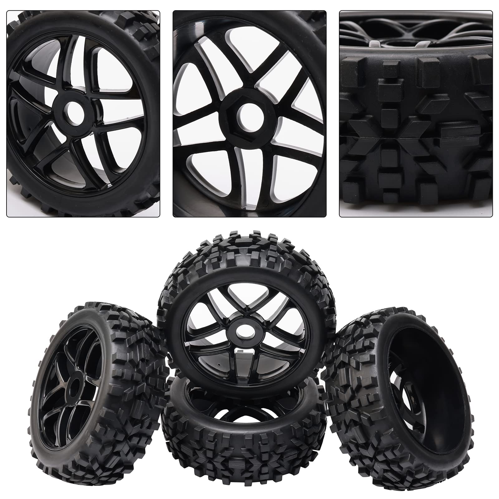JIUWU 4-Pack 1/8 Scale RC Off-Road Wheels and Tires - 17mm Hex Durable All-Terrain Tires for RC Cars, Trucks & Buggies | Perfect for Racing, Crawling & Off-Road Adventures (Black)