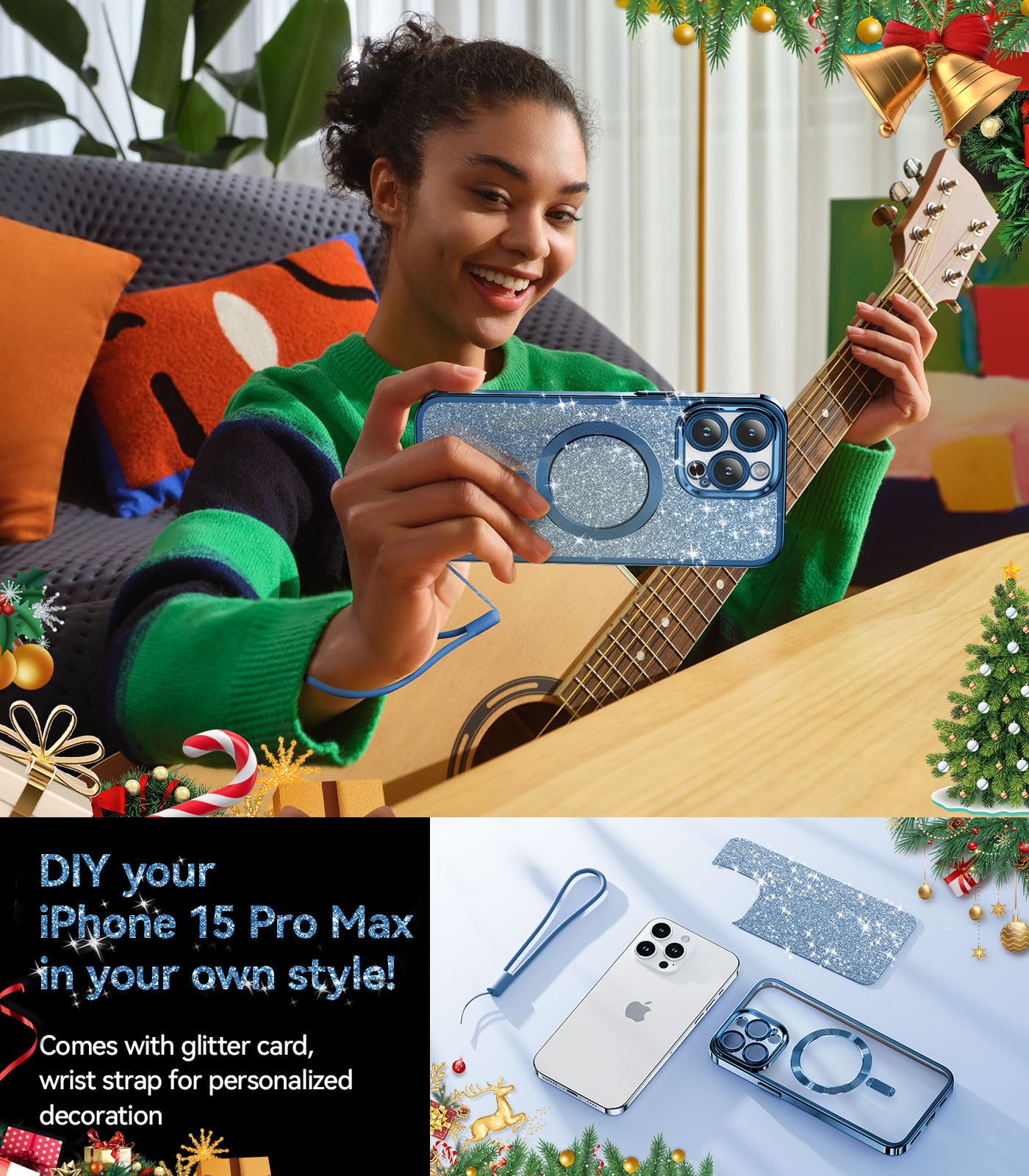 Meifigno Candy Mag Series Magnetic Case for iPhone 15 Pro Max - Magsafe Compatible, Glitter Card & Wrist Strap Included, Full Camera Lens Protection - Deep Blue Women's Phone Case | Perfect for Everyday Use, Travel, and Gift Giving