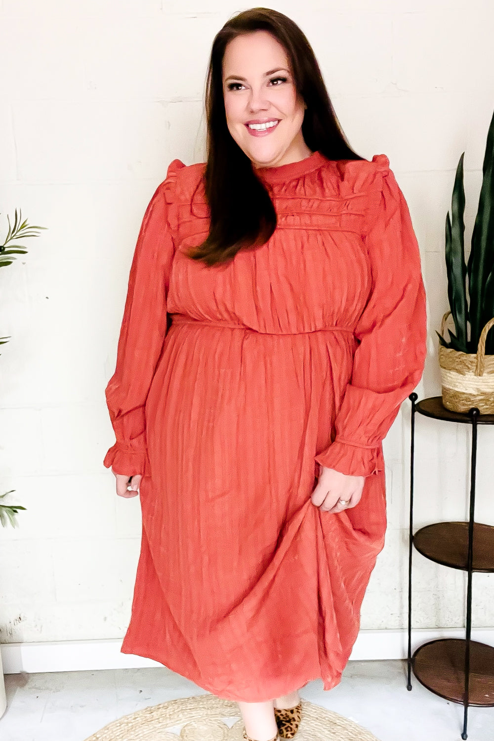 Love Found Rust Mock Neck Embossed Lined Dress - Elegant Fall Winter Women's Fashion for Date Night, Office Wear & Special Occasions