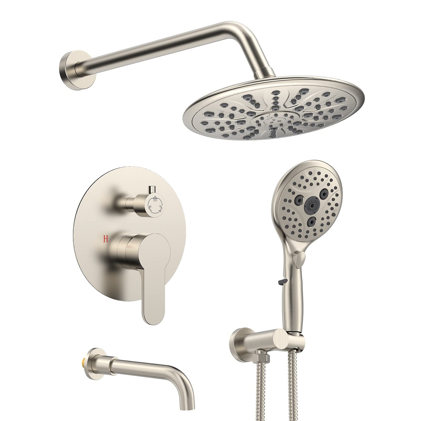SunCleanse 3-in-1 Shower System with Waterfall Tub Spout, Pressure Balance Valve & 7-Setting Handheld Spray - Brushed Nickel Finish for Luxurious Bathroom Upgrade | Perfect for Master Bath, Spa Retreat & Modern Home Renovation