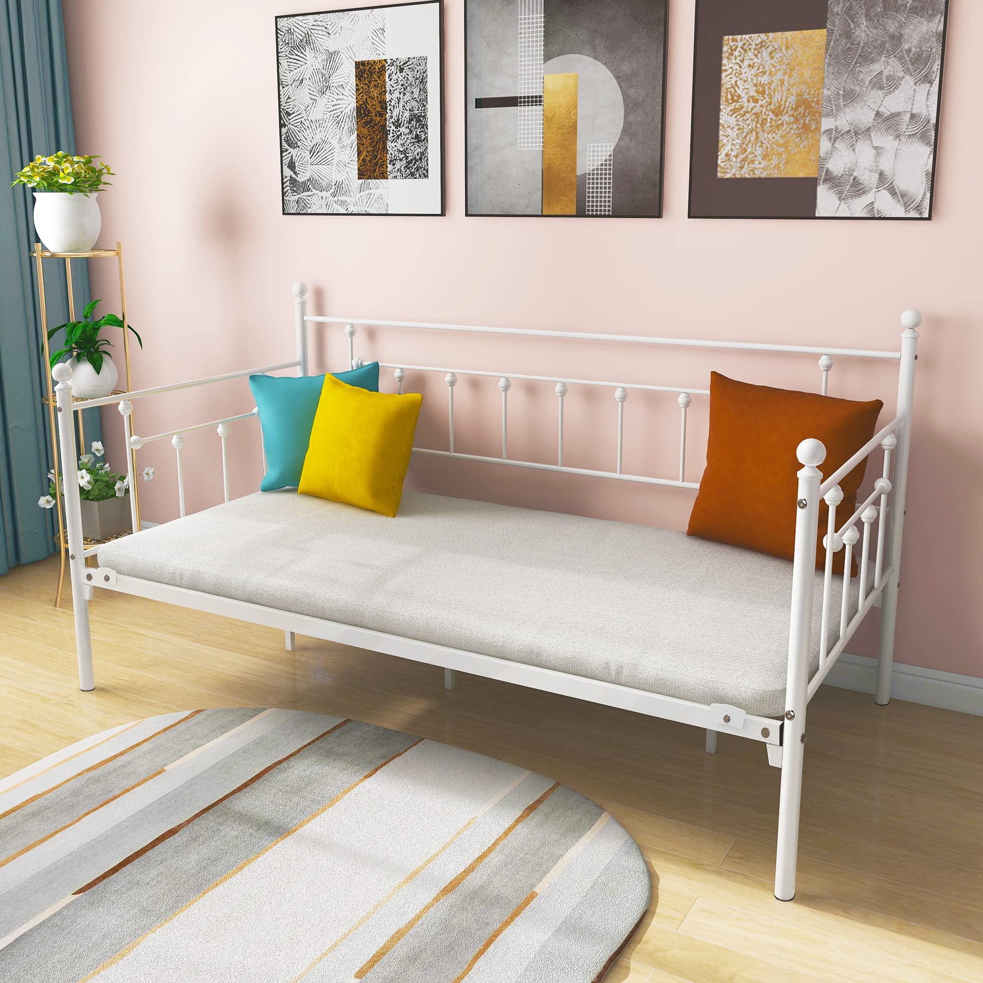 Twin Metal Daybed Frame with Slatted Platform Base - Sturdy Box Spring Replacement for Living Room, Guest Room & Dorm (White Sanded Finish) - Perfect for Small Spaces, Sleepovers & Multi-Functional Furniture Needs