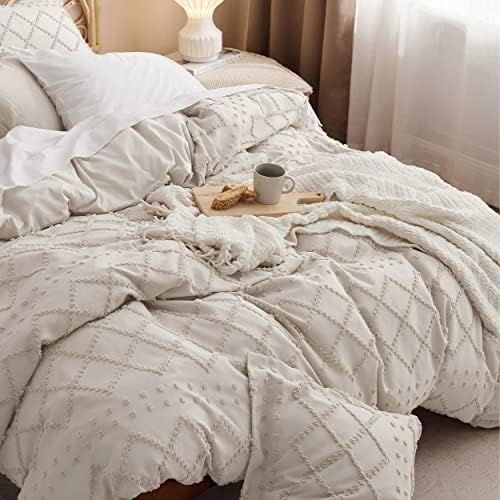 Boho Duvet Cover Queen Size - 3-Piece Shabby Chic Embroidery Bedding Set, All-Season Tufted Comforter Cover (Beige, 90x90 Inches) for Master Bedroom, Guest Room & Bohemian Home Decor