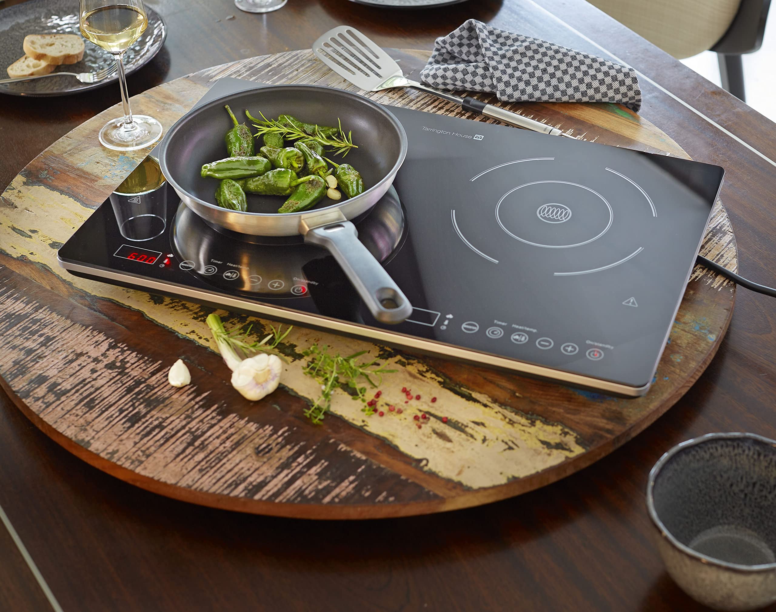 Tarrington House DIC3440ABS 3400W Double Induction Cooktop - Stainless Steel & Glass Ceramic Surface with Dual Control Panels, 240°C Max Temp, Auto Pan Detection, LED Display & Timer - Perfect for Home Kitchen, Restaurant & Outdoor Cooking