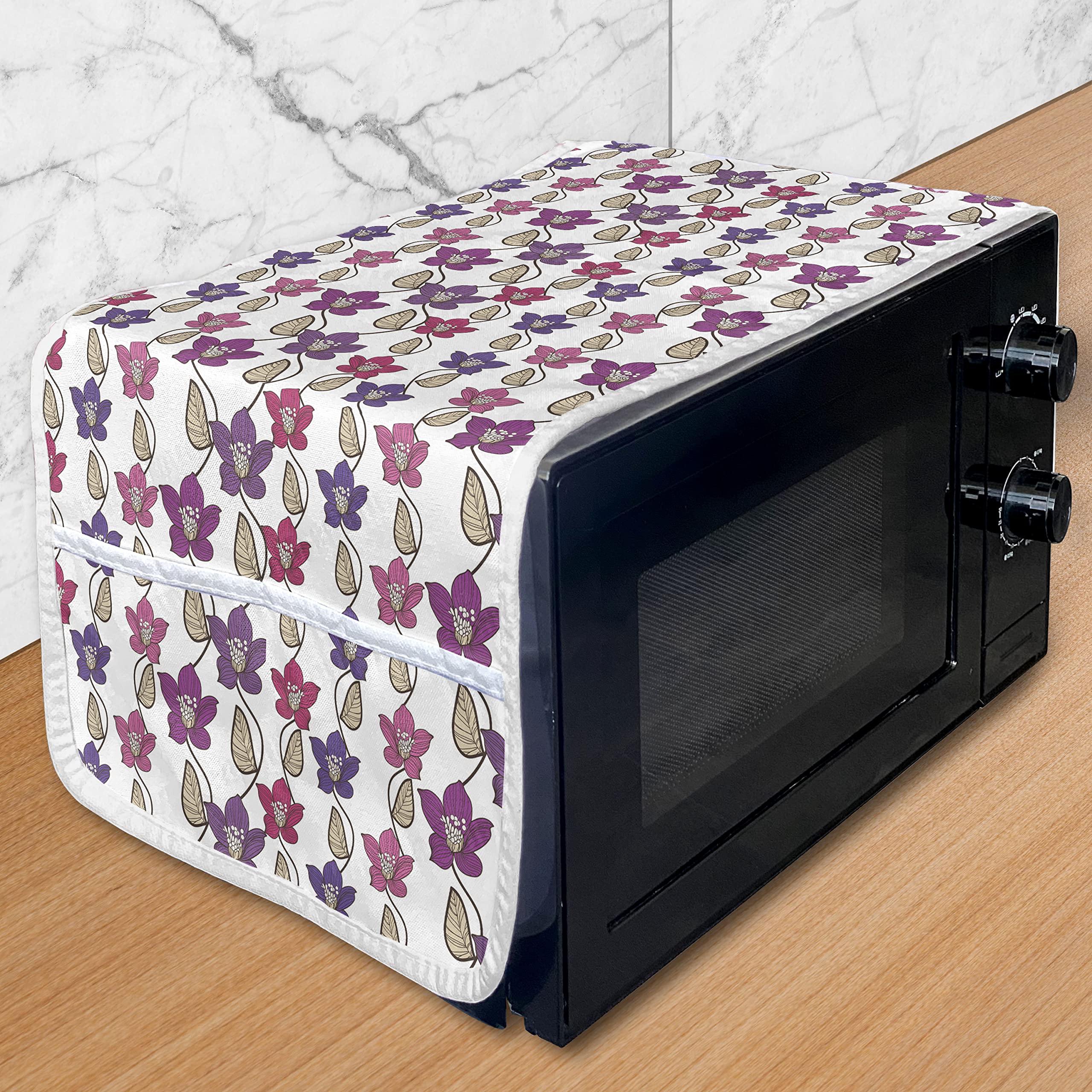 Ambesonne Purple Microwave Cover - Floral Ivy Design, Waterproof Kitchen Organizer with Pockets, 36