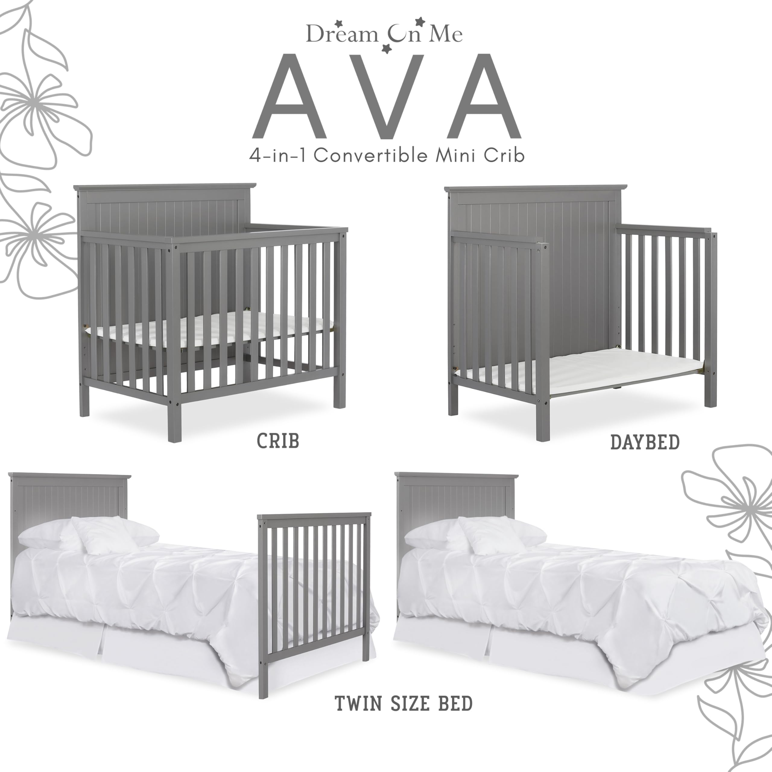 **Dream On Me Ava 4-in-1 Convertible Mini Crib – Steel Grey, Greenguard Gold Certified, Non-Toxic Finish, Includes 1