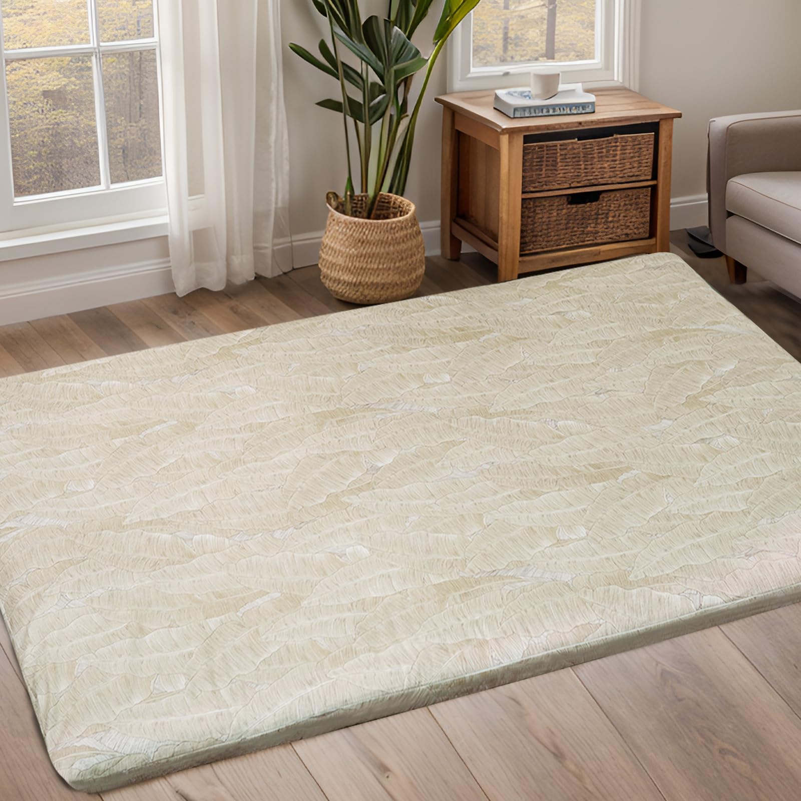 ZonLi Queen Size Futon Mattress Cover - Soft Japanese Floor Sleeping Mat Cover with Zipper, Machine Washable (64''x84'', Hand-Drawn Leaf Patterns) for Tatami, Guest Bed & Small Space Living
