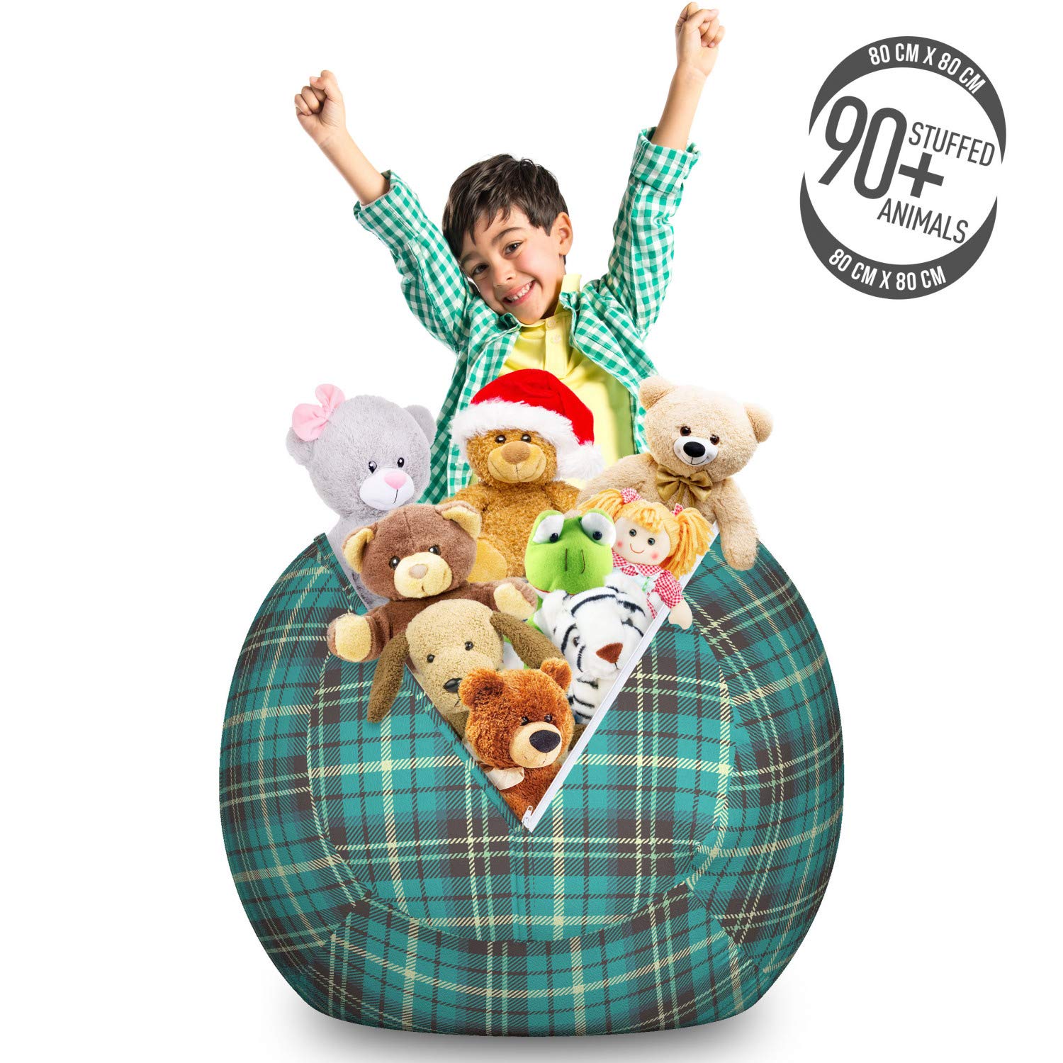 Ambesonne Large Washable Plaid Toy Storage Bag Chair - Brown European Stripes Design, Stuffed Animal Organizer for Kids Room (Cream Taupe Dark Seafoam) | Perfect for Playroom Organization, Nursery Decor & Cozy Reading Nook Accessory