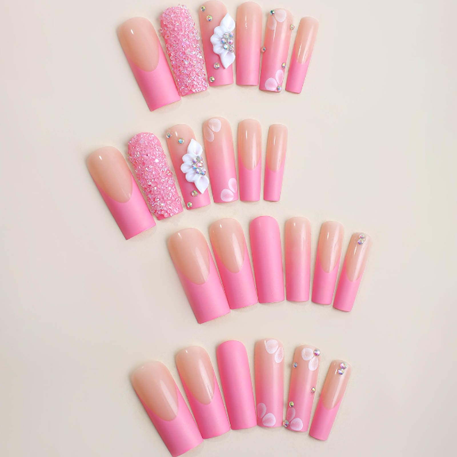 24PCS Long Square Press on Nails - Pink Gradient Acrylic Fake Nails with Bling Flower Designs, Full Cover Artificial Nails for Women & Girls - Perfect for Parties, Weddings & Special Occasions