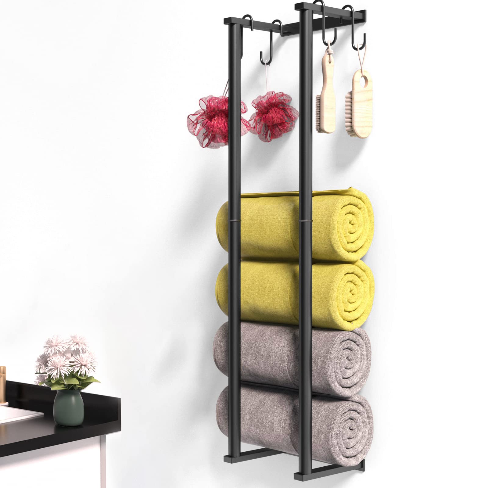 MGLIMZ 4-Hook Wall Mounted Towel Rack - Heavy Duty Metal Bathroom Towel Holder Organizer for Large Towels, Washcloths & Hand Towels - Perfect for Bathroom, Beach & Shower Use - Black