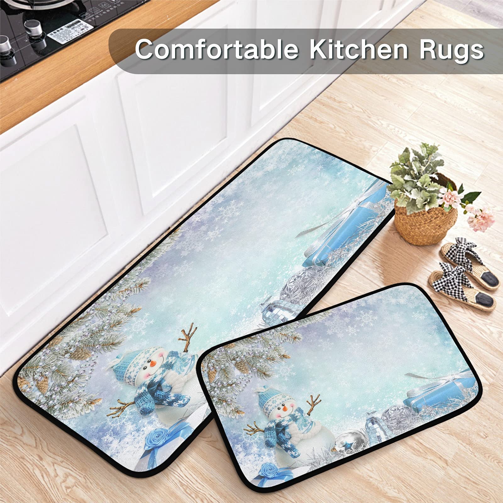 Christmas Snowman Non-Slip Kitchen Mats Set of 2 - Holiday Fir Branches & Snowflakes Design, Soft Xmas Doormats for Kitchen, Laundry, Entryway - Perfect Winter Home Decor & Gift Box Accessory