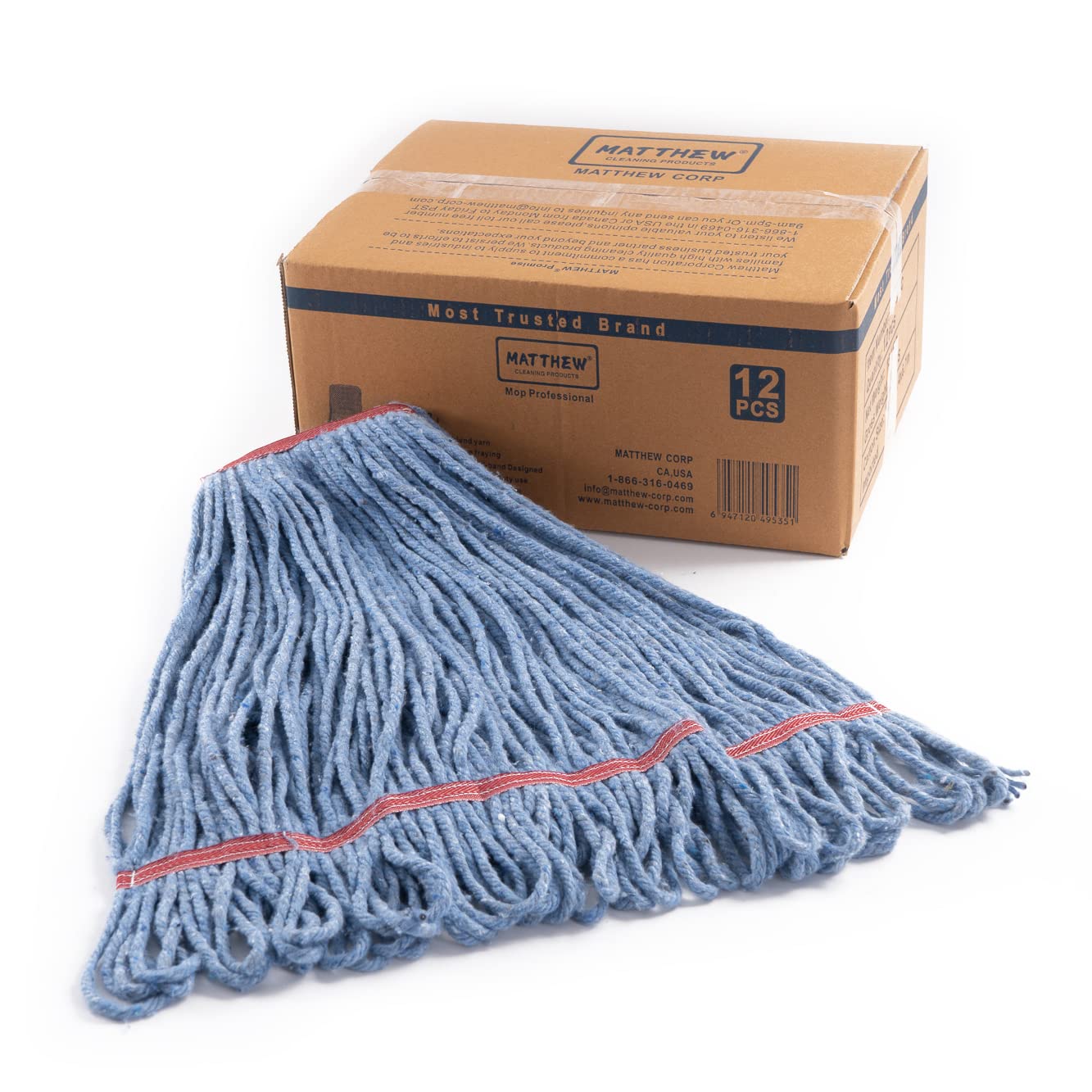 Matthew Cleaning 24oz Heavy Duty Commercial Mop Head Replacement - Industrial Blue Cotton Looped End String Refill (12-Pack) for Wet Floor Cleaning in Restaurants, Hospitals & Warehouses
