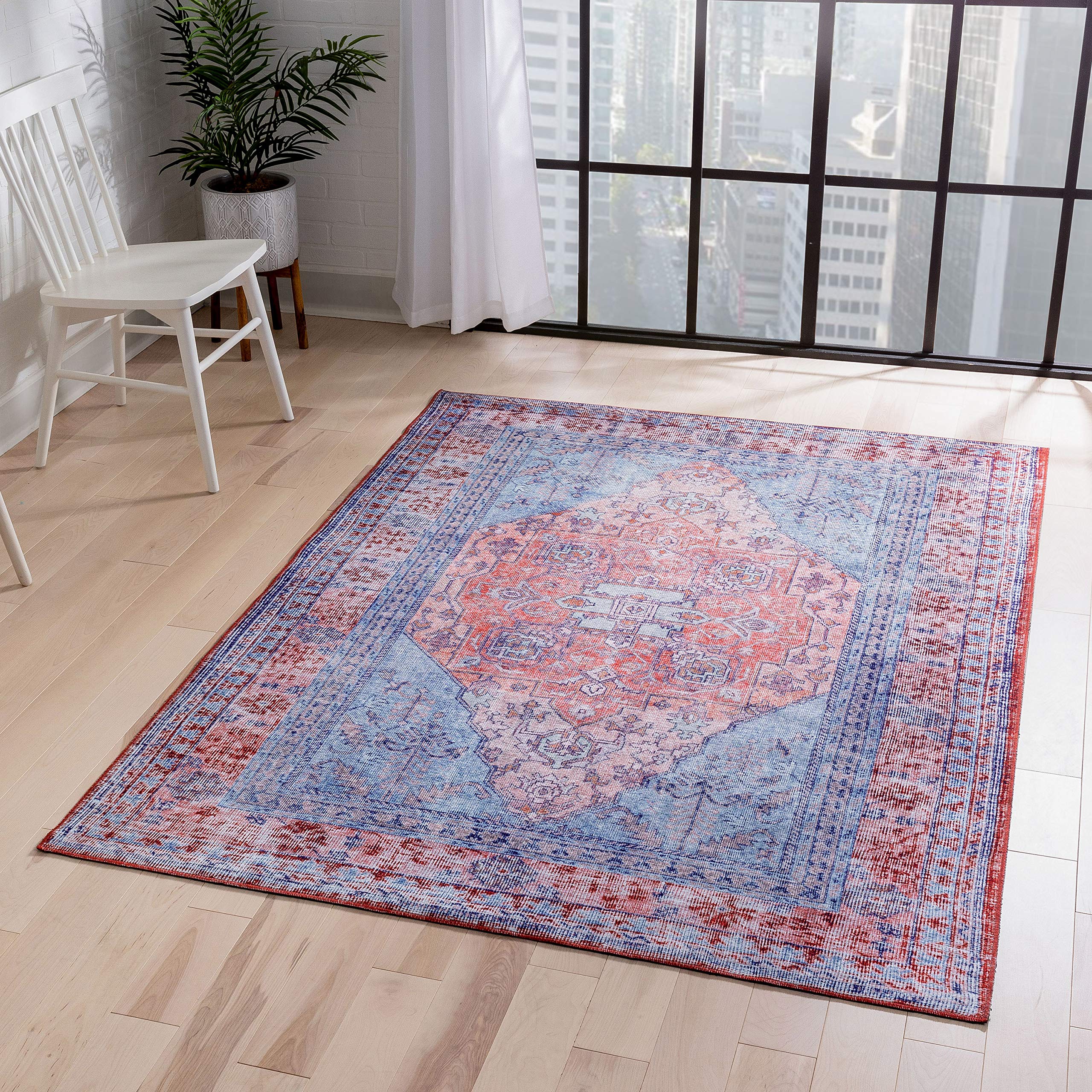 Well Woven Nile Gila Vintage Bohemian Medallion Oriental Area Rug - Machine Washable Flat-Weave Distressed Design in Blue & Red - 7'7