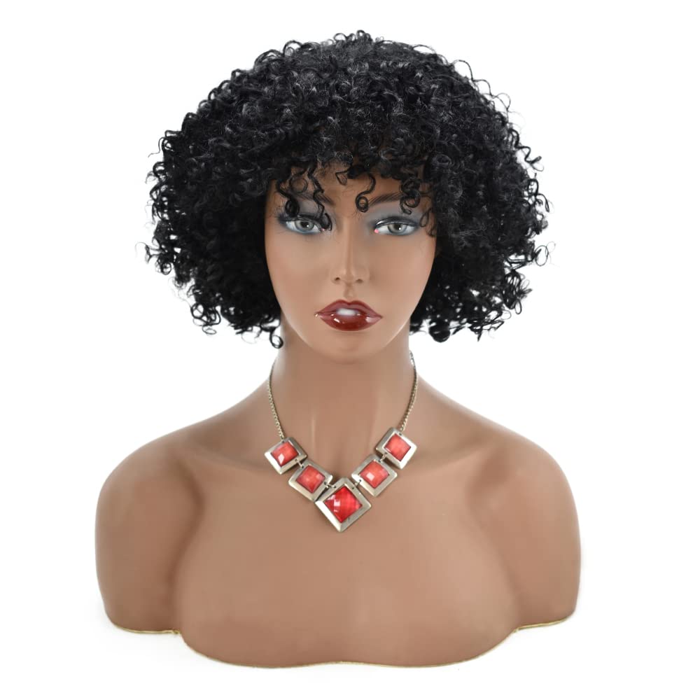Short Afro Curly Human Hair Wig for Black Women - Kinky Curly Machine Made Wig with Bangs | Natural Looking Synthetic Hairpiece for African American Women | Perfect for Daily Wear, Cosplay & Special Occasions (JMH0400, Jet Black)