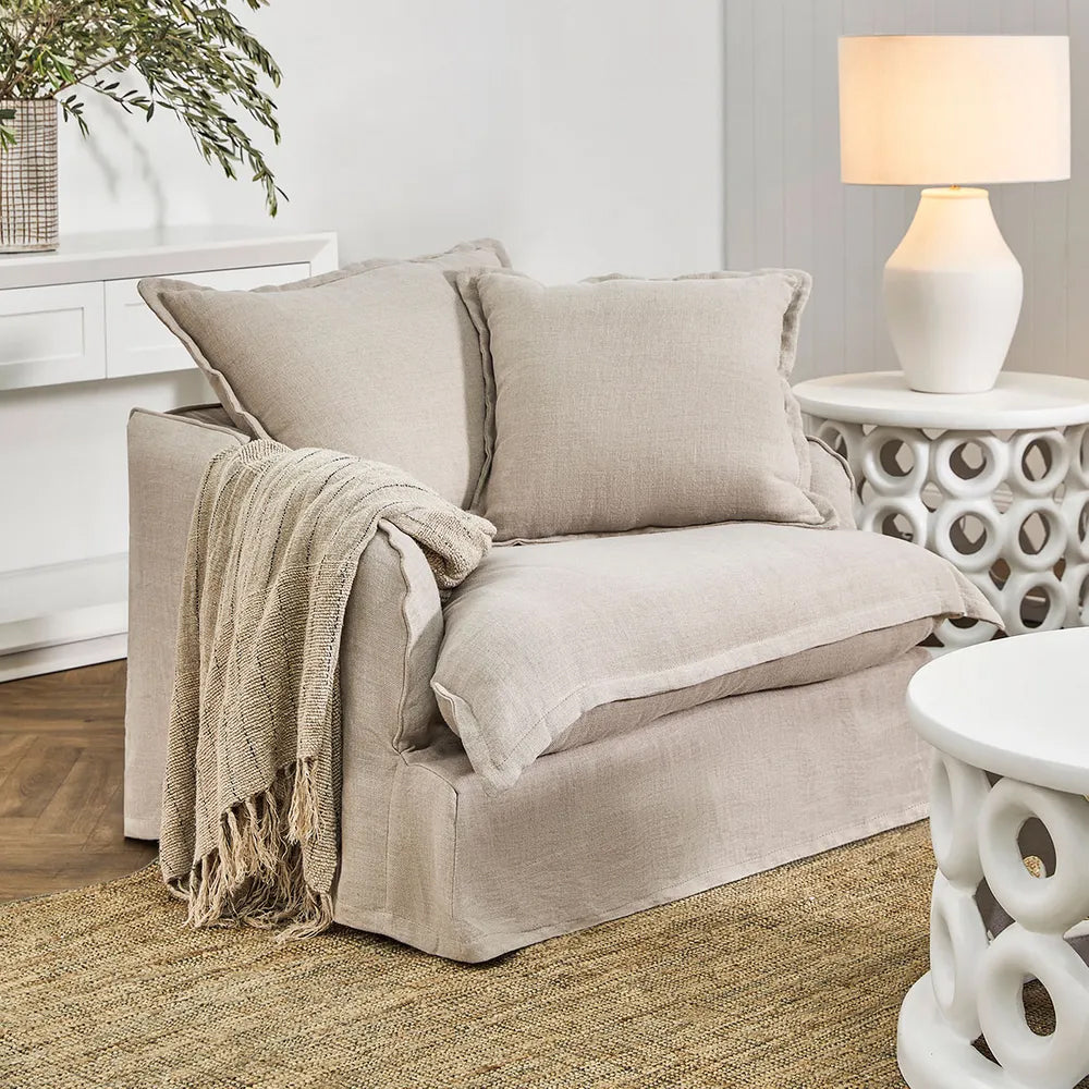 Hayman Slip Cover Arm Chair - Natural Linen Fabric - Comfortable Living Room Accent Chair for Home, Office & Reading Nook