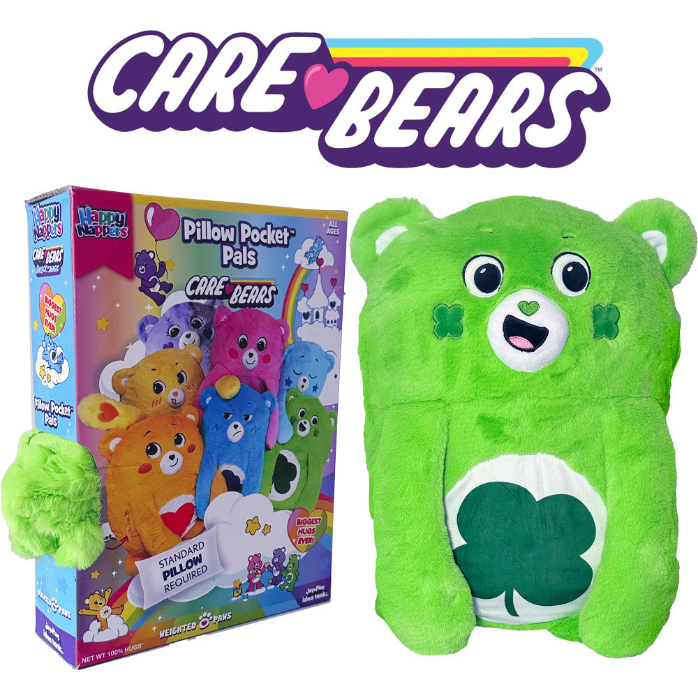 Care Bears Happy Nappers Good Luck Bear Plush Pillow with Pocket - Soft Stuffed Animal for Kids, Bedroom Decor & Travel Companion - Perfect for Nap Time, Playtime and Cuddling