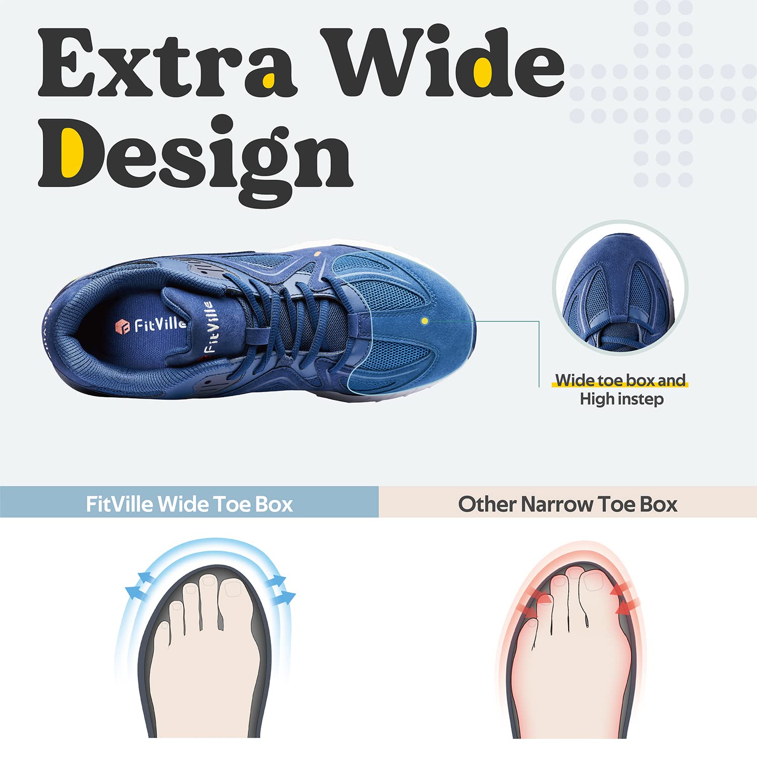 FitVille Men's Extra Wide Walking Sneakers for Flat Feet - Arch Support & Heel Pain Relief - Rebound Core Technology - Perfect for Walking, Standing All Day & Comfortable Daily Wear