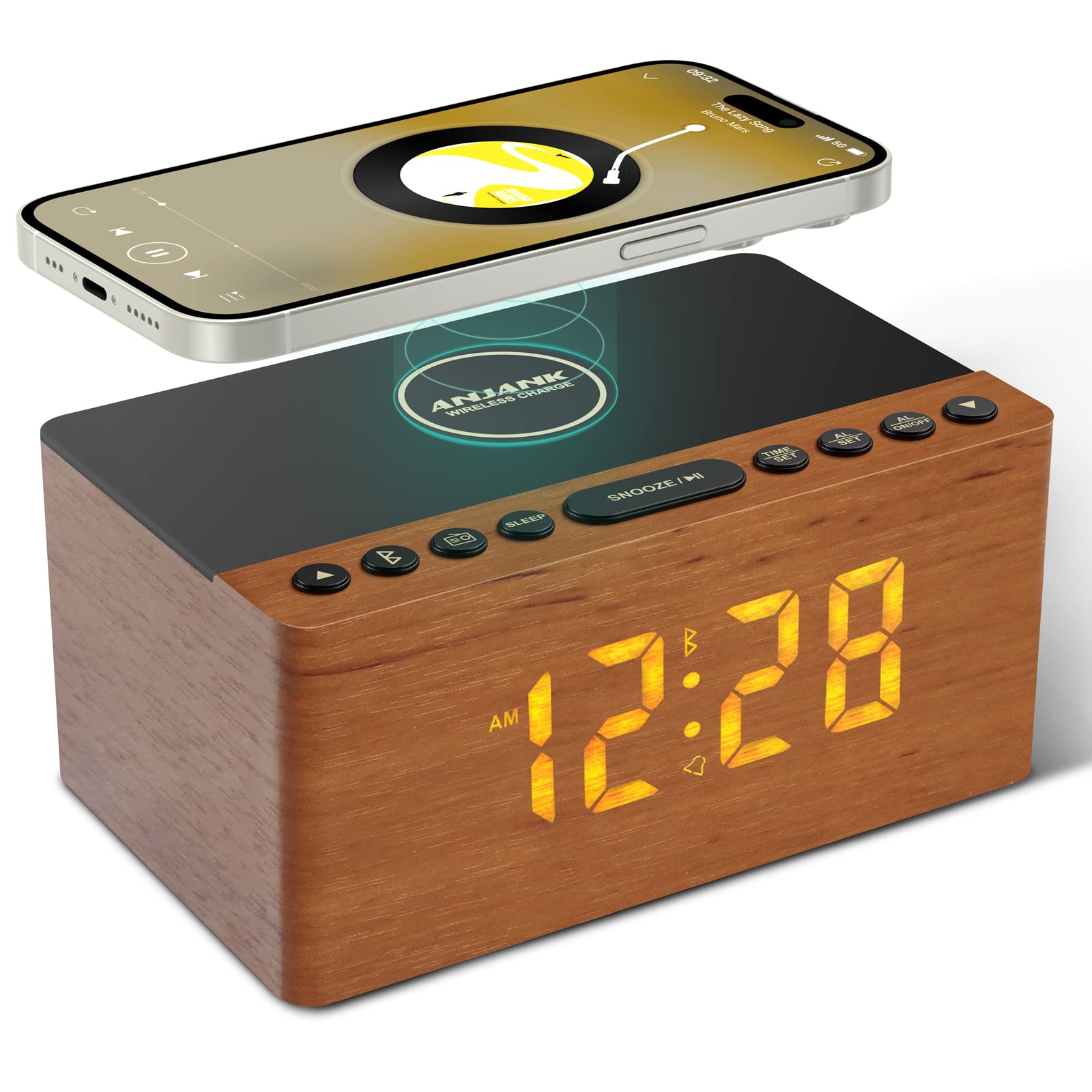 Premium Wooden Bluetooth Speaker Alarm Clock with FM Radio, Wireless Charging for iPhone & Samsung, USB Port, Dimmable Display, Sleep Timer - Digital Wooden Bedside Clock for Bedroom, Office & Travel