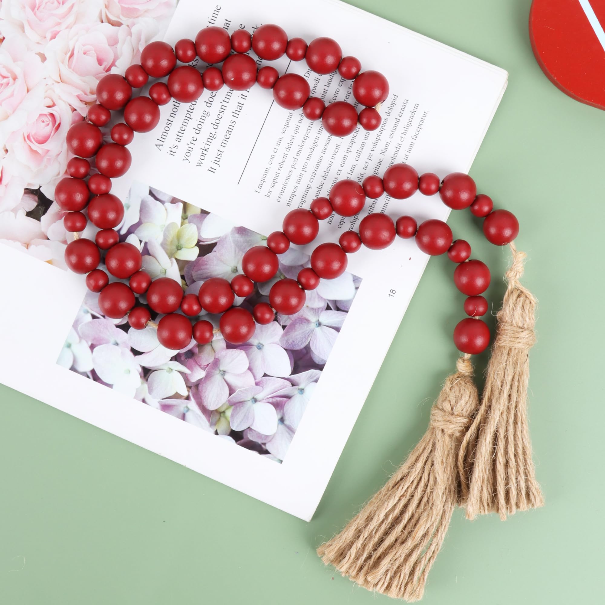 Yagoo Wood Bead Garland with Tassels - Rustic Farmhouse Decor, Boho Prayer Beads for Wall & Shelf Decoration, Home & Wedding Decor (Burgundy) - Perfect for Living Room, Bedroom & Boho Wedding Decorations