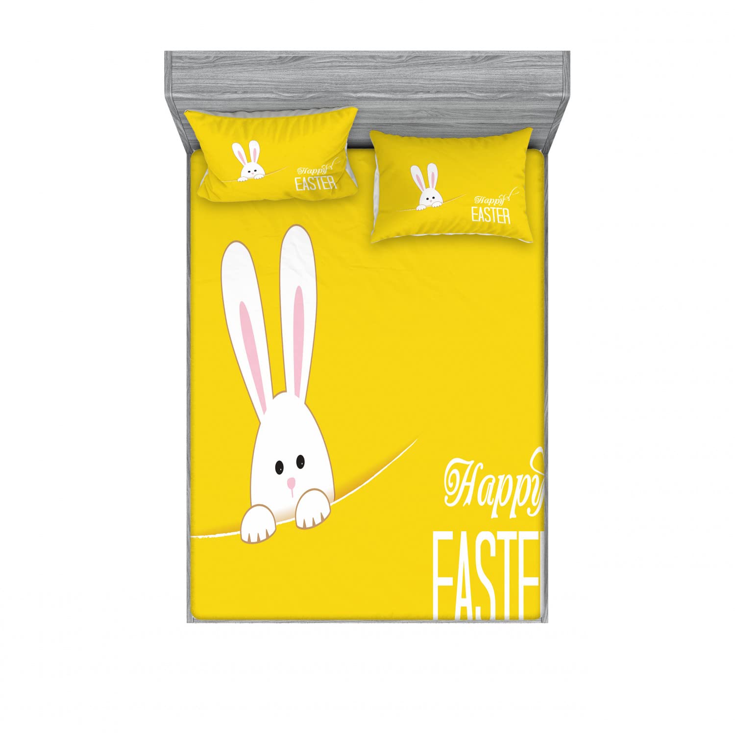 Ambesonne 2-Pack Queen Size Fitted Sheet & Pillow Sham Set - Easter Bunny Rabbit Themed 4-Piece Bedding Set (2 Fitted Sheets + 4 Pillow Covers) in Yellow & White | Perfect for Easter Decor, Spring Bedroom Refresh & Gift Giving