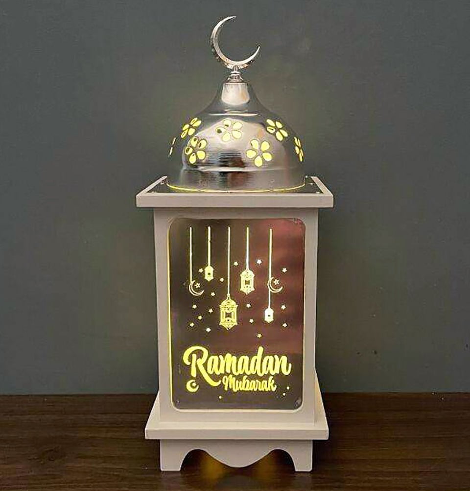 Ramadan Mubarak Lantern - 13.5 Inch White Islamic Holiday Decoration for Home, Mosque & Eid Celebrations