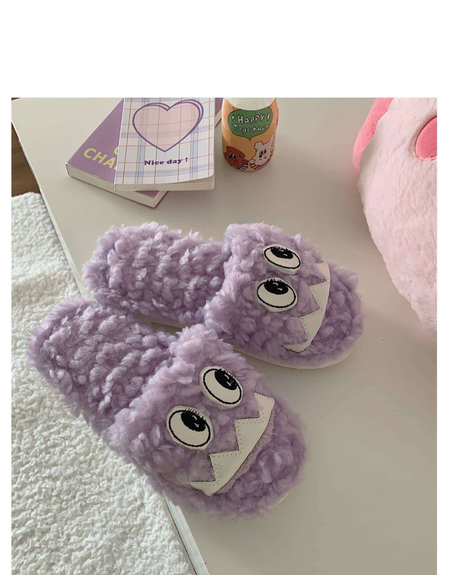 Funny Eyes Fuzzy Slippers - Fluffy Kawaii House Slippers for Women | Cozy Cute Indoor/Outdoor Slippers for Home, Lounge & Gifts