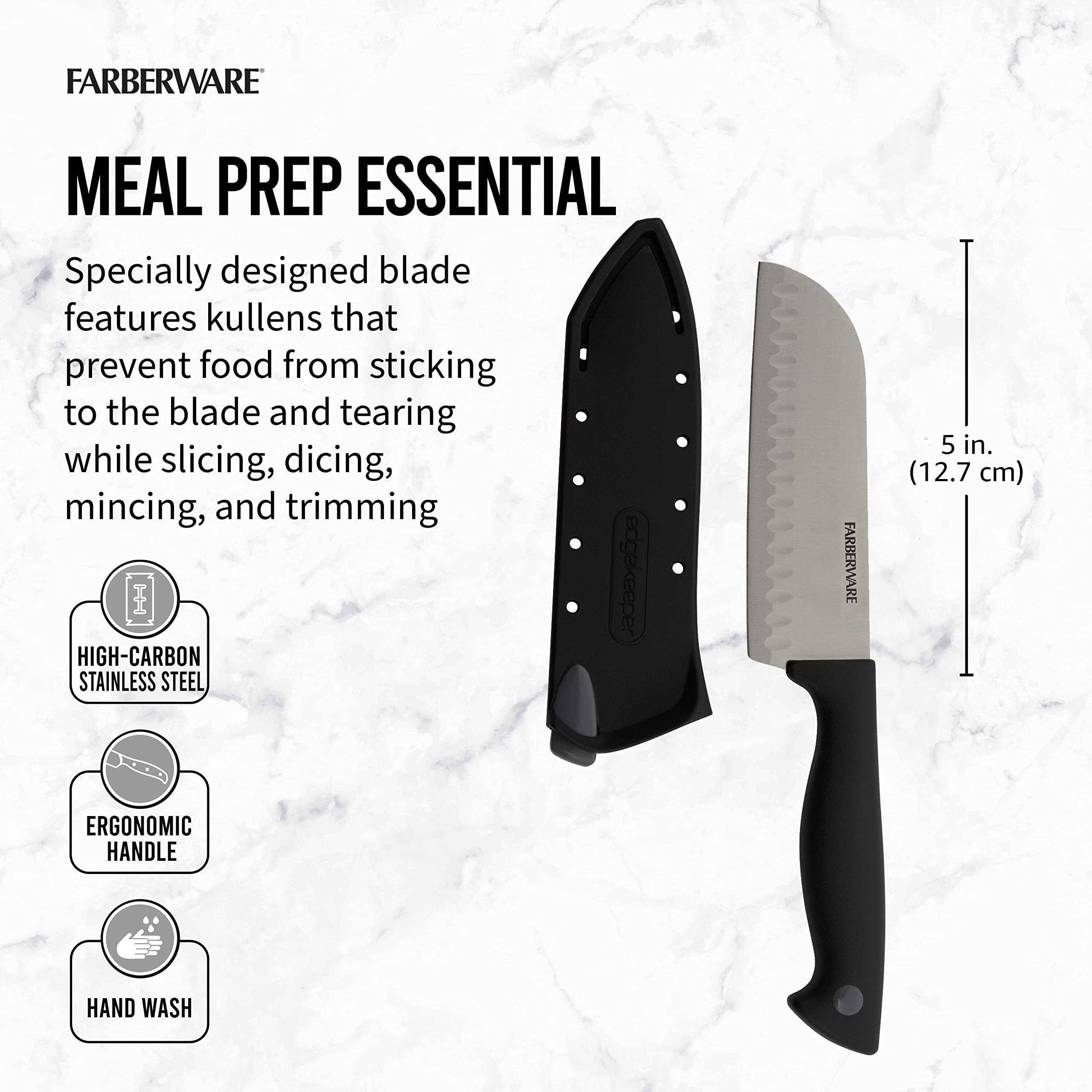 Farberware Edgekeeper 5-Inch Santoku Knife - High Carbon Stainless Steel Kitchen Knife with Self-Sharpening Blade Cover & Ergonomic Handle - Razor Sharp Black Knife for Slicing, Dicing, and Chopping Vegetables, Fruits, and Meat