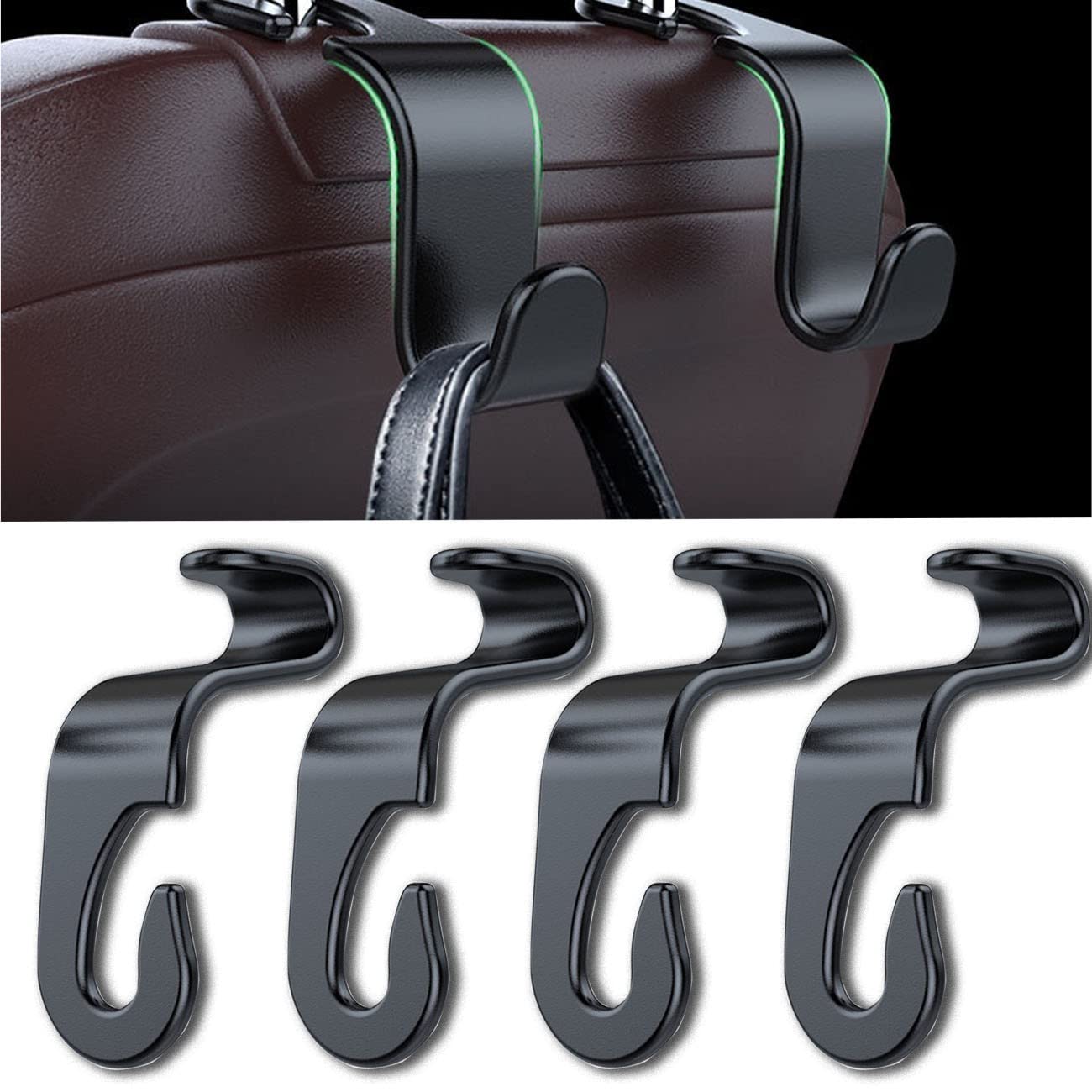 4 Pack Universal Car Seat Headrest Hooks - Heavy Duty Black Back Seat Hangers for Groceries, Bags & Shopping - Perfect for SUVs, Sedans & Minivans