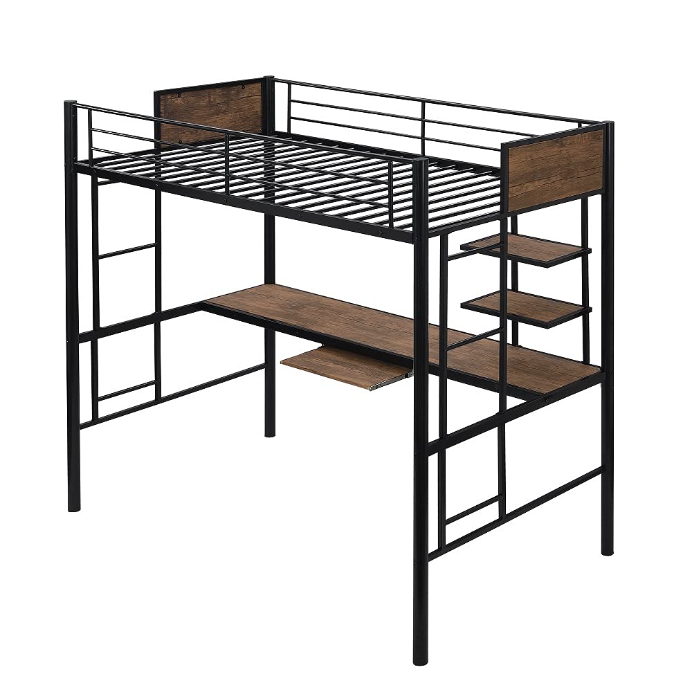 Twin Size Metal Bunk Bed Frame with Bilateral Ladders, Safety Guardrails, Built-in Desk & Bookcase - Space-Saving Loft Bed with Keyboard Tray for Kids & Teens | Perfect for Small Bedrooms, Dorms & Shared Kids' Rooms