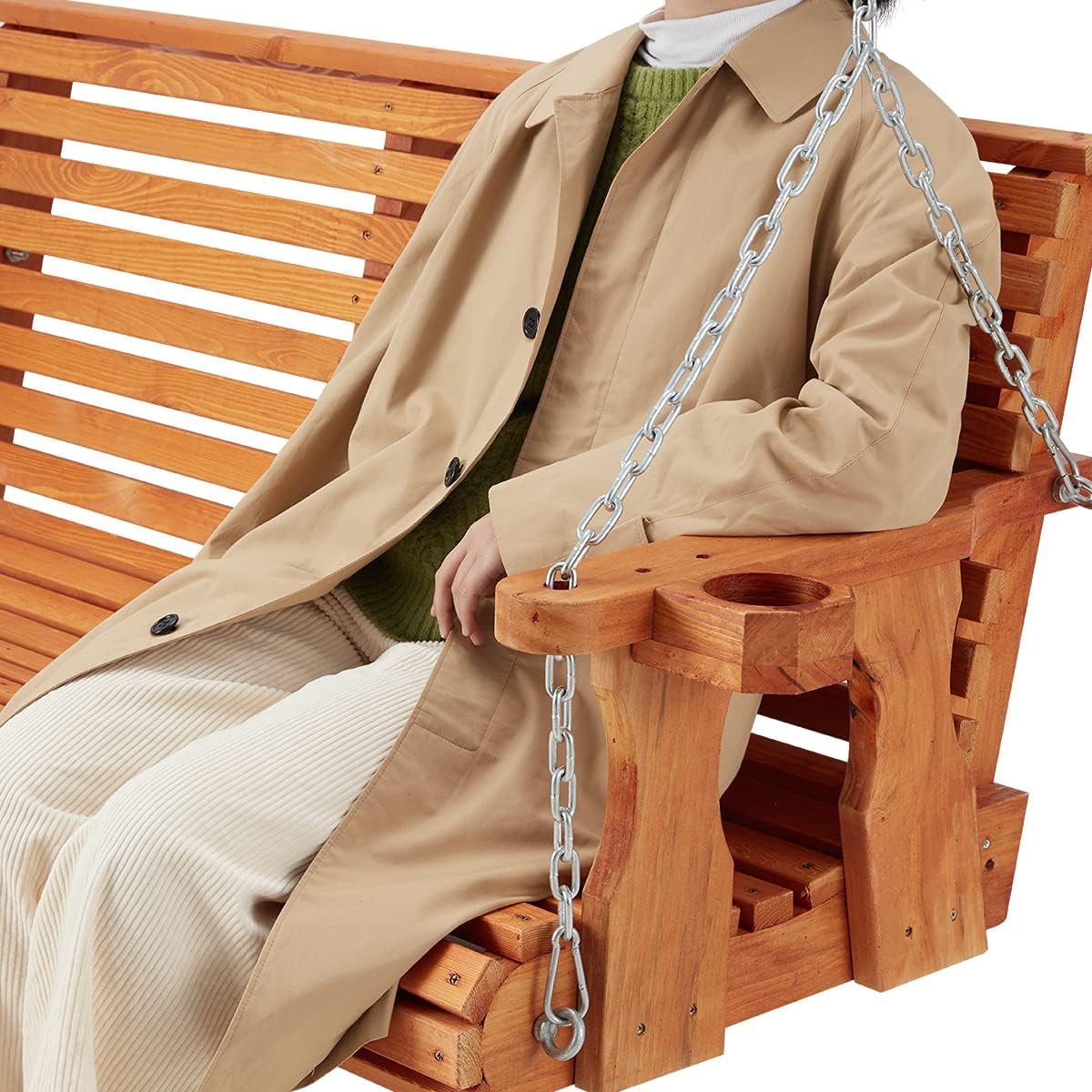 U-MAX 5.5FT Wooden Porch Swing with Cup Holders & Chains - 880Lbs Weight Capacity Outdoor Patio Swing Chair Bench for Garden, Backyard, Courtyard - Perfect for Relaxing, Reading & Enjoying Outdoor Time