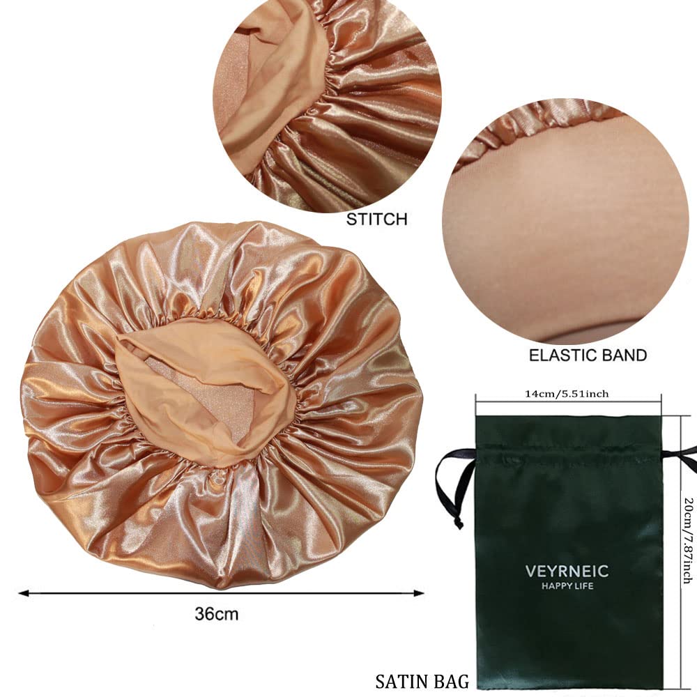 VEYRNEIC Satin Sleep Bonnet for Women - Wide Elastic Band Silk Night Cap for Braids & Natural Hair - Shower & Chemo Cap with Storage Bag (Gold) | Perfect for Nighttime, Travel & Hair Protection